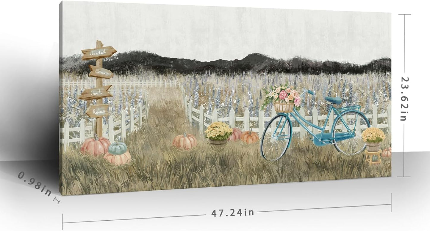 Large Wall Art for Living Room Farmhouse Wall Decor, Modern Boho Vintage Organnic Country Rustic Cottagecore Neutral Landscape Artwork with Mountains Bicycle Flower, Floral Picture Bedroom Kitchen