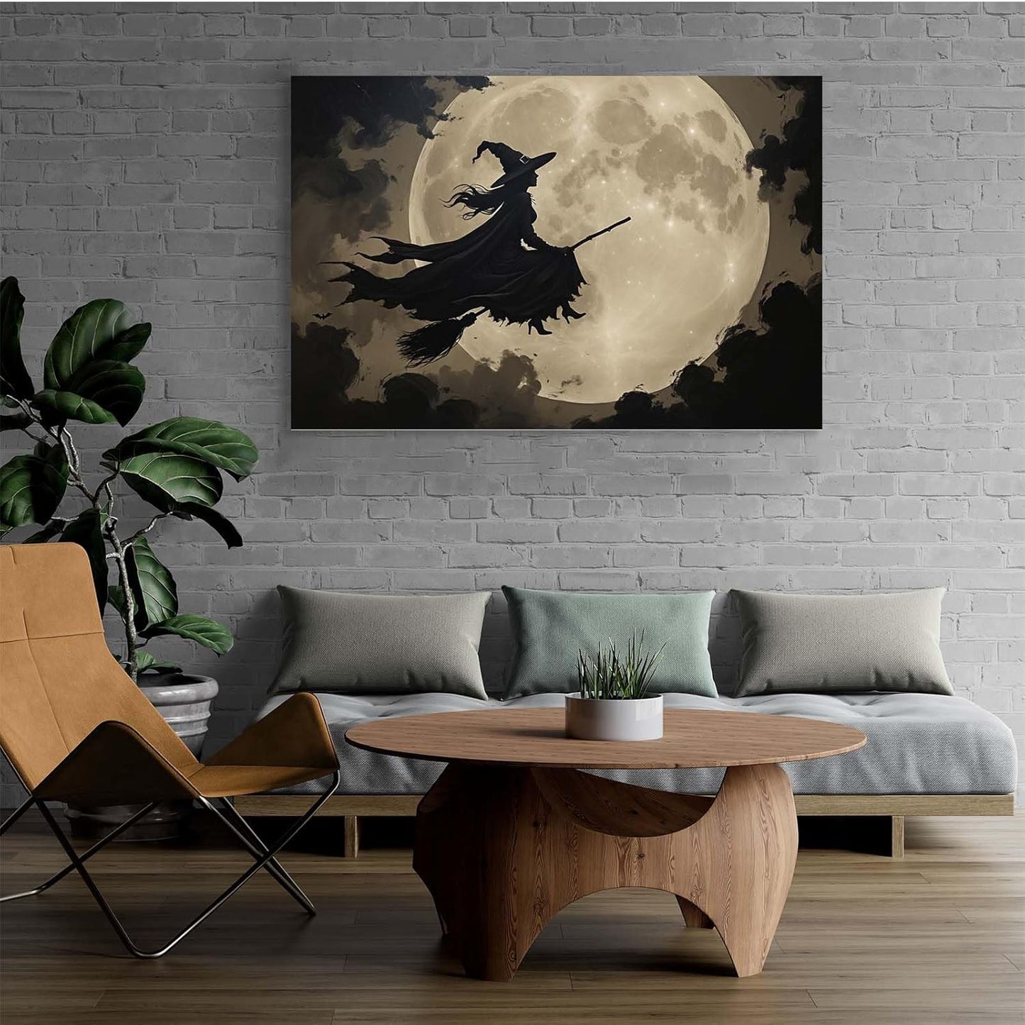 Full moon witch silhouette poster witch on magic broom Halloween mural poster decorative mural art suitable for home living room bedroom24x36in Wood Framed