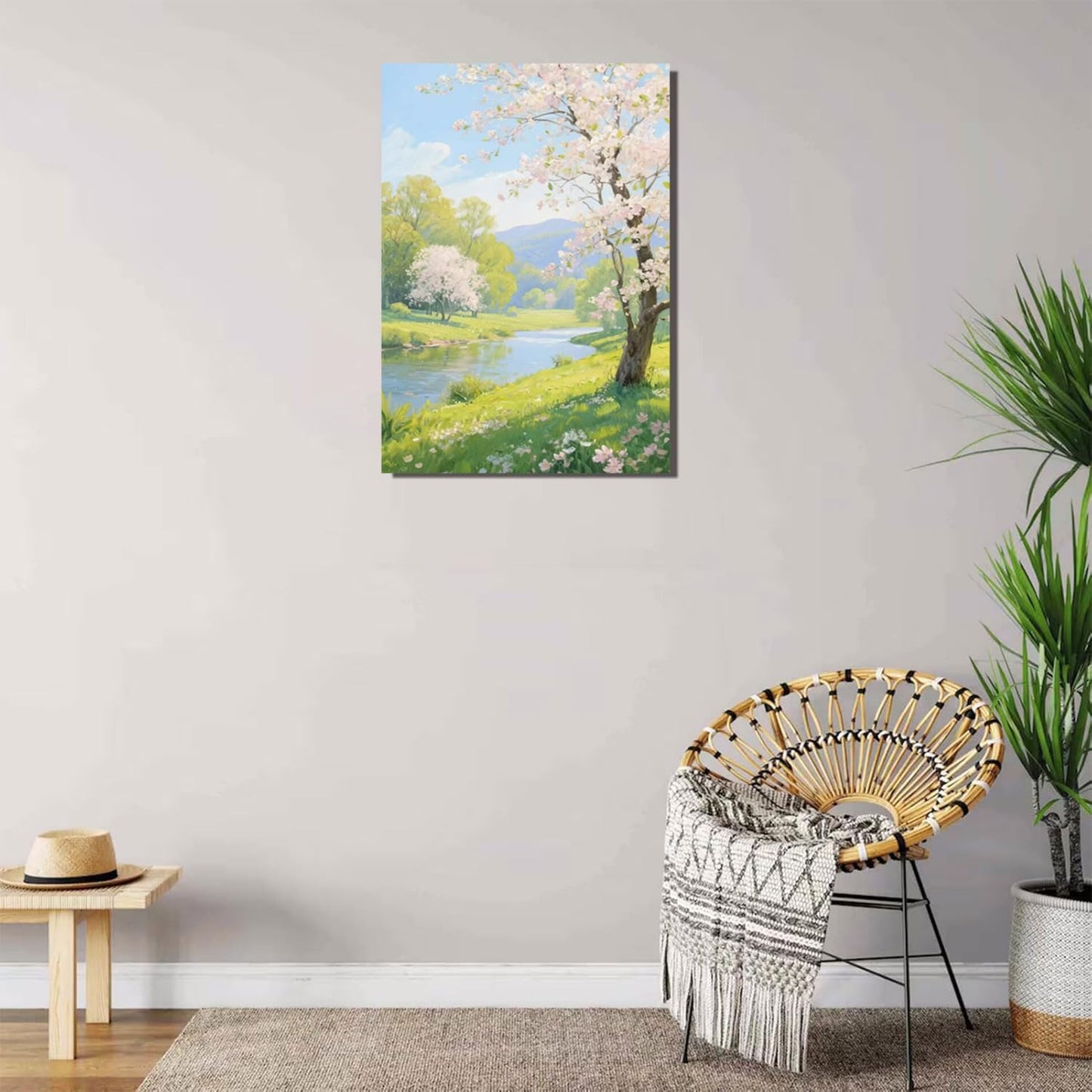 The scenery of a stream between trees and cherry blossoms under the blue sky is suitable for posting in the living room bedroom office landscape posters