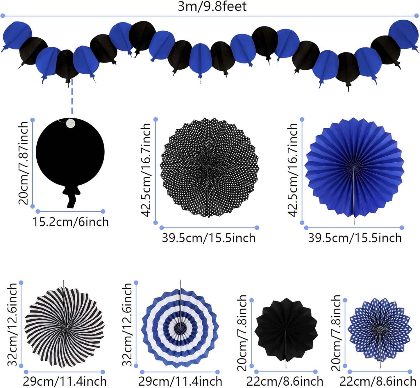 Party Decorations, Black Navy Blue Papar Fans Pompoms Garlands for Men Boy Fathers Day Graduation Wedding Birthday Party Decoration