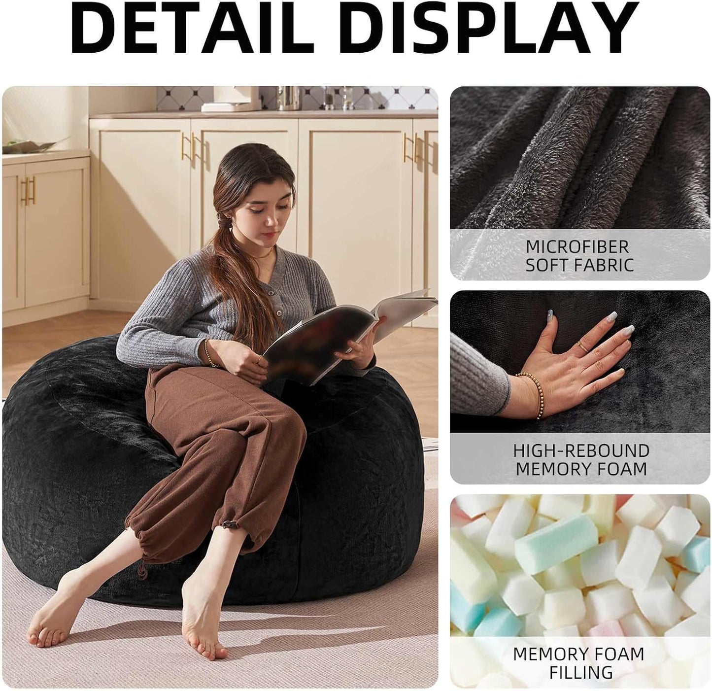 Bean Bag Chair 3Ft, Memory Foam Filled, Large Beanbag Chairs for Adults and Teens, Soft Sofa with Removable Flannel Cover, Round Couch for Living Room Bedroom College Dorm (Black, 3FT-36×36"×24")