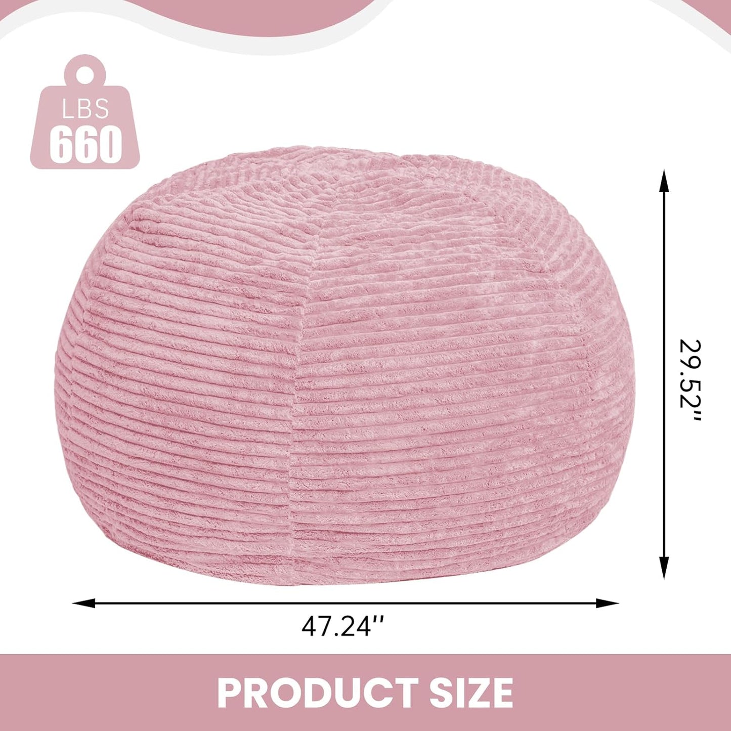 Large Bean Bag Chair, 5FT Giant Beanbag Chairs with Memory Foam Filled, Bean Bag Chairs for Adults, Ultra Soft Lazy Sofa for Living Room Bedroom (Pink)