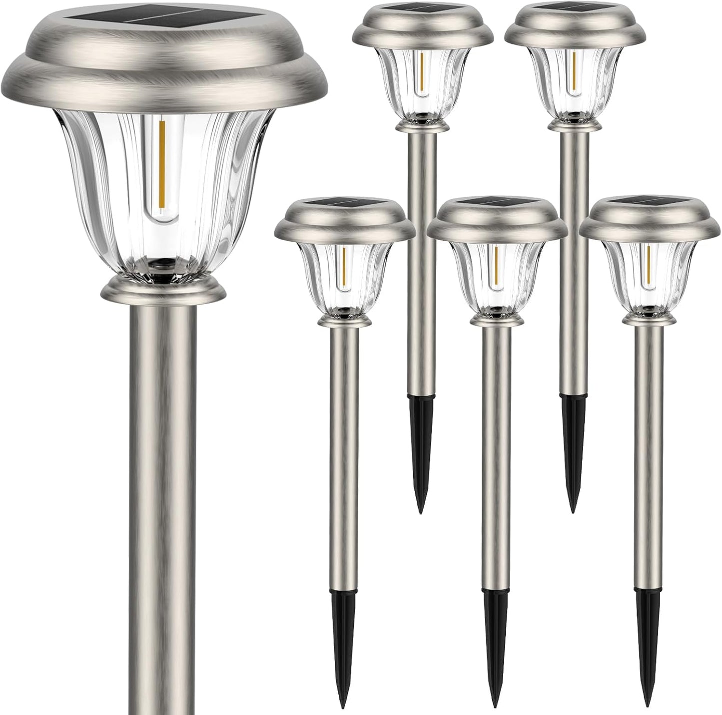 DERAYSION Solar Lights Outdoor Waterproof, Brushed Stainless Steel Glass Solar Pathway Lights, Auto On/Off Long-Lasting Outdoor Solar Lights for Garden, Landscape, Path, Yard 6 Pack