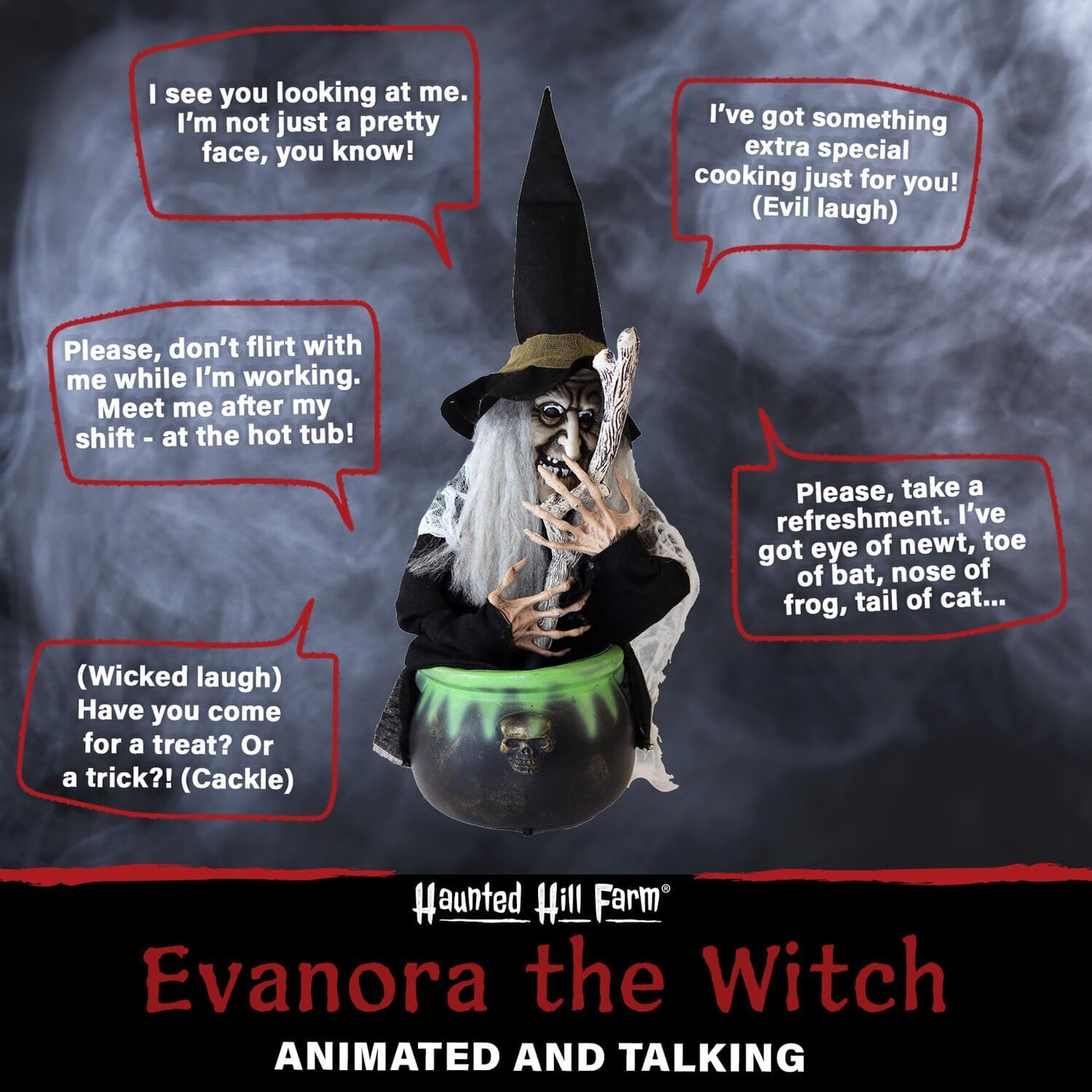 Haunted Hill Farm Scary Talking Witch with Cauldron Halloween Animatronic, Indoor or Covered Outdoor Halloween Decorations with Light up Eyes and Sound, Battery Operated Halloween Props for Home