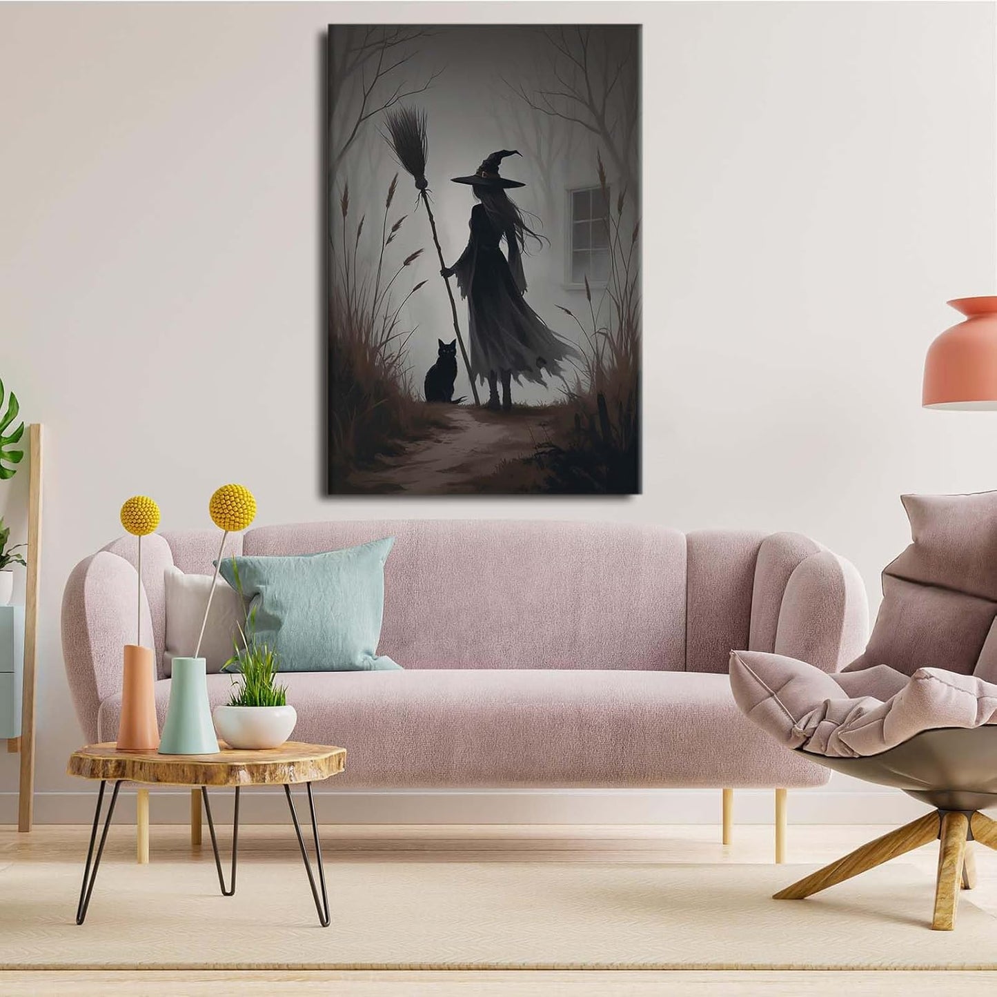 JFHCQJPK Vintage forest witch and black cat poster Halloween mural poster decoration mural art magic suitable for home living room bedroom20x30in Frameless