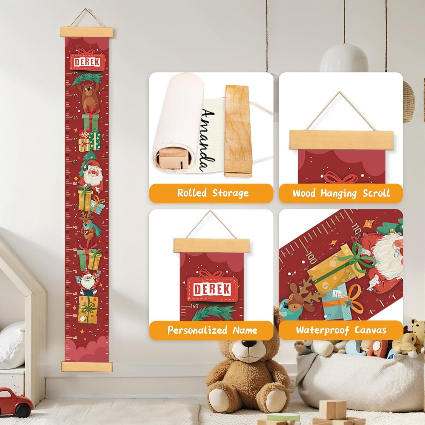 Personalized Name Growth Chart Wall Decor for Kids – Canvas Removable Height Chart Measuring Ruler 59" x 7.9" （Santa Claus Gifts）