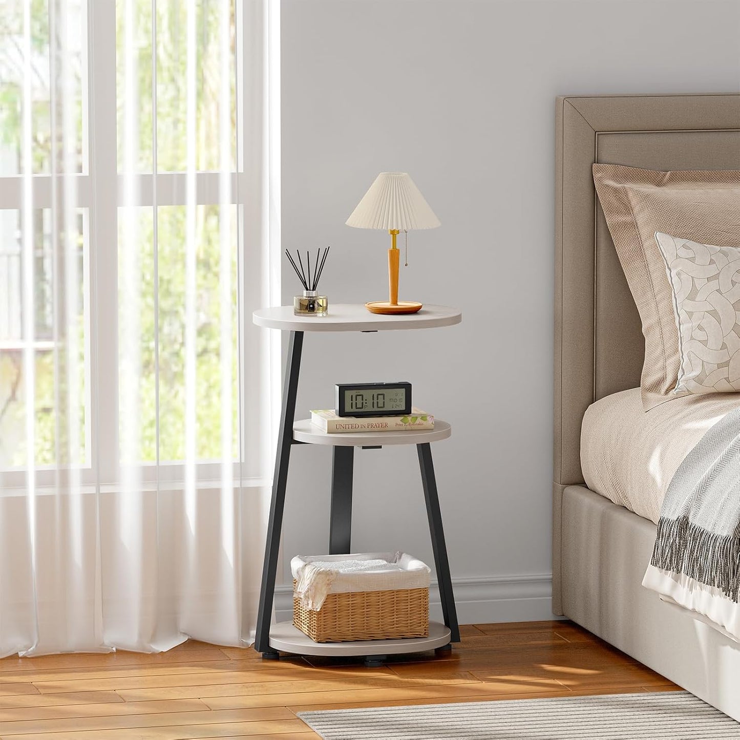 Side Table, Small End Table with Metal Frame, 3-Tier Bedside Tables, Round Side Tables for Living Room Bedroom Couch Bathroom, Oval, White Maple