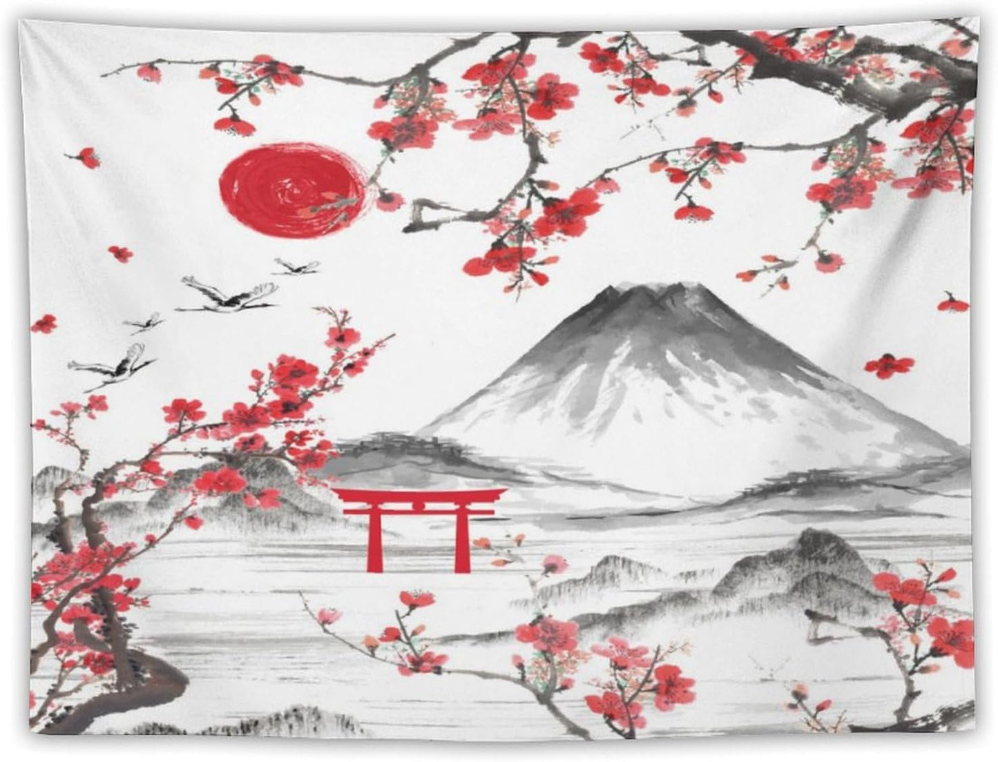 Red Cherry Blossoms Tapestry, Japanese Fuji Mountain Tapestry, Asian Japanese Wall Tapestry, Nature Landscape Tapestries for Bedroom Living Room Decor 60"x40"