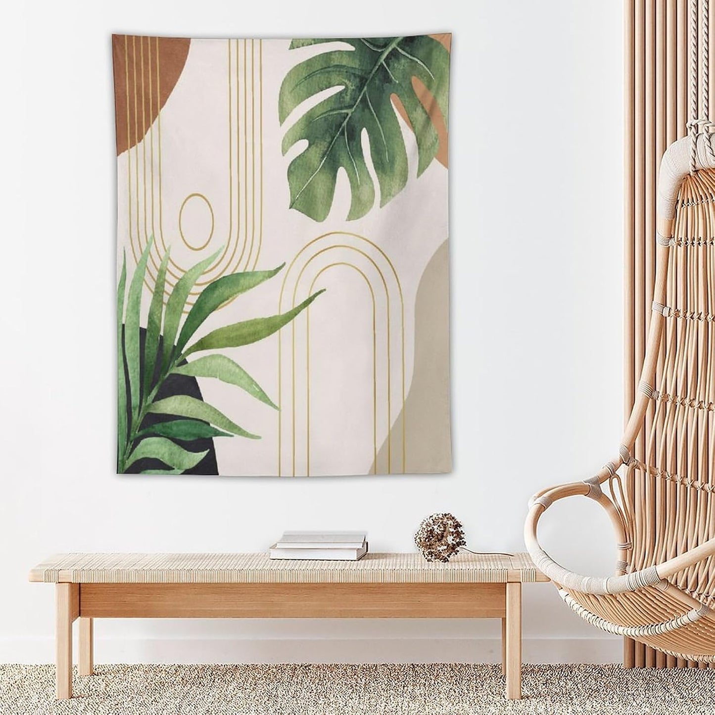 Abstract Boho Tapestry, Mid Century Tropical Tree Leaves Modern Geometric Arch Bohemian Botanical Tapestry, Home Aesthetic Wall Hanging Art Decor for Living Room Bedroom Dormitory 60x80 Inch