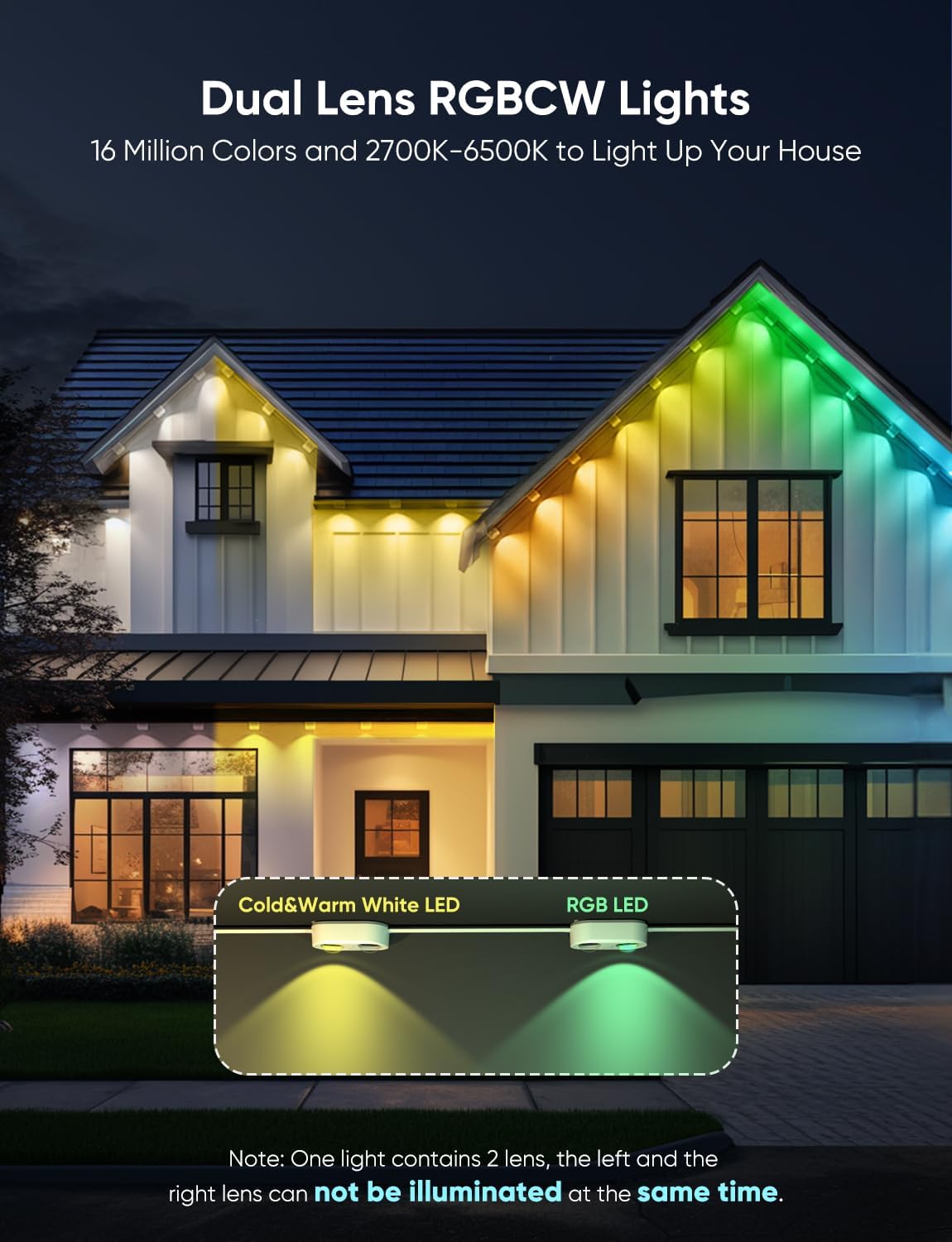 Permanent Outdoor Lights Pro 200ft, RGBCW Smart Eaves Lights with 144 LED Lights, Dual Lens, Cuttable, 111 Scene Modes, IP67 Waterproof Lighting for Holiday Decoration, Work with Alexa, White