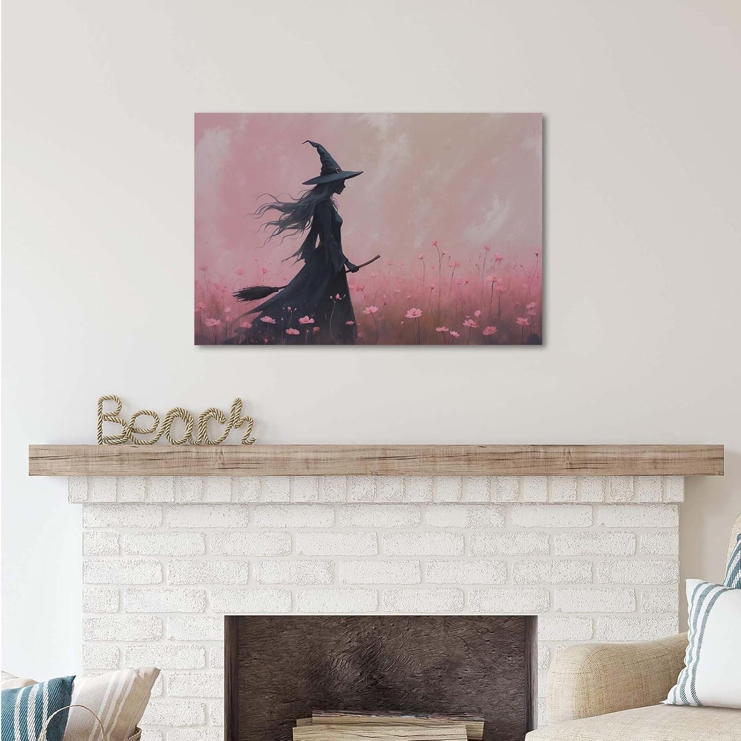 JFHCQJPK Witch in the pink sea of flowers Halloween prints weird flowers wall art silhouette painting fashionable romantic decoration suitable for bedroom12x16in Frameless
