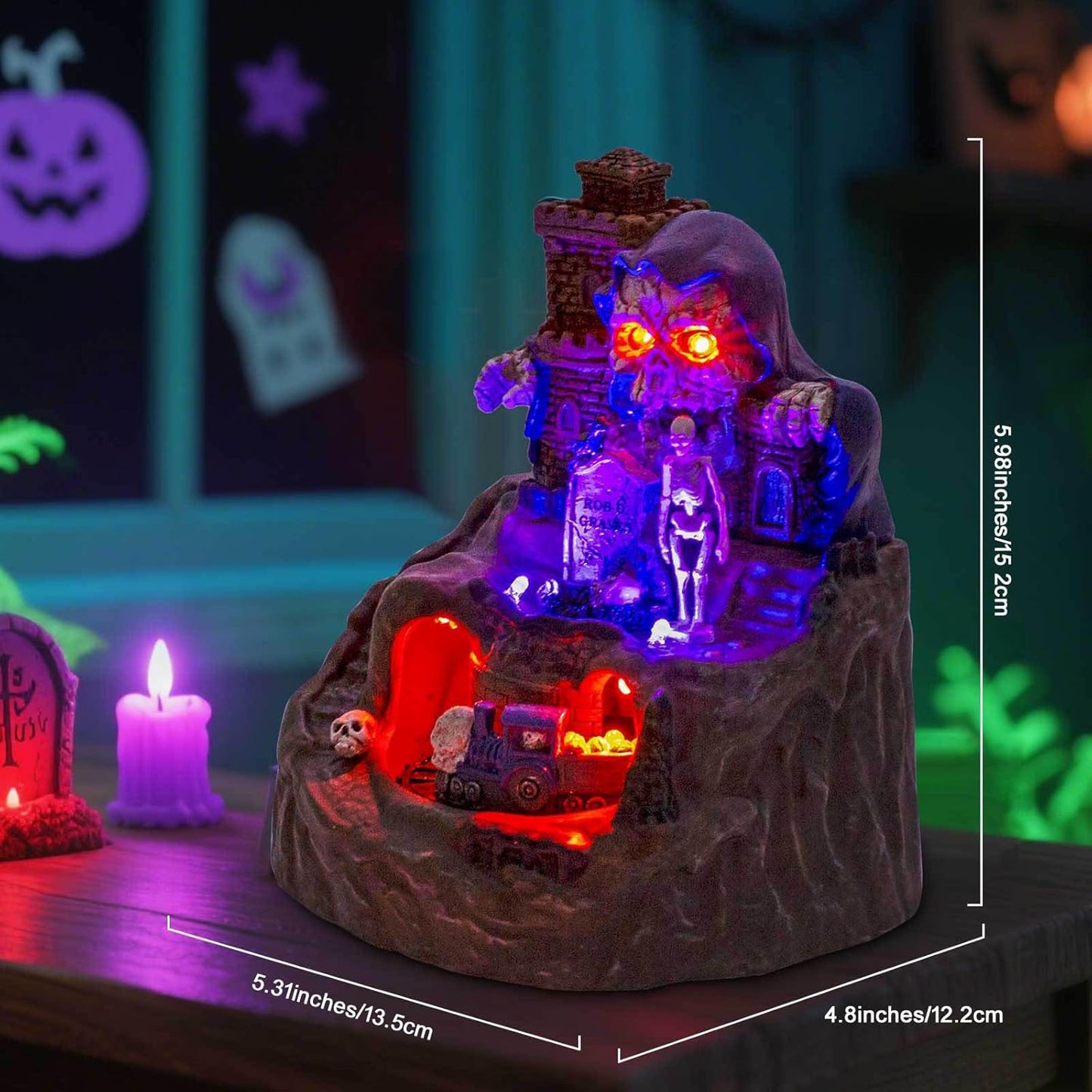 innodept12 Animated Halloween Small Village House - Moving Train and Skull Ghosts Tombstones Figurines with Pre-Lit Spooky Voice, Battery Operated, Not Including