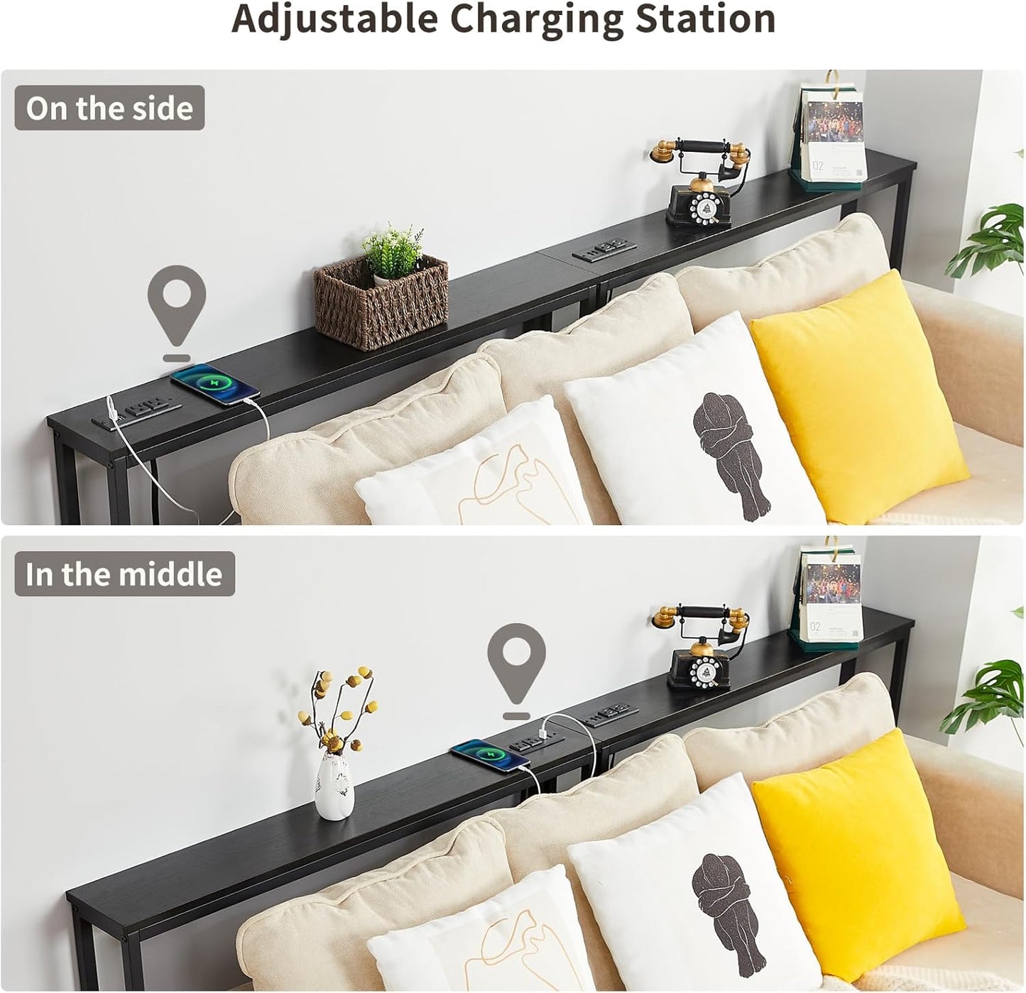 ELYKEN 2 Pack 5.9" Narrow Console Sofa Table with Power Outlets, 5.9" Dx39.4 Wx31.1 H Long Black Behind Couch Table with Metal Frame and Charge Station with 6.5’ Extension Cord