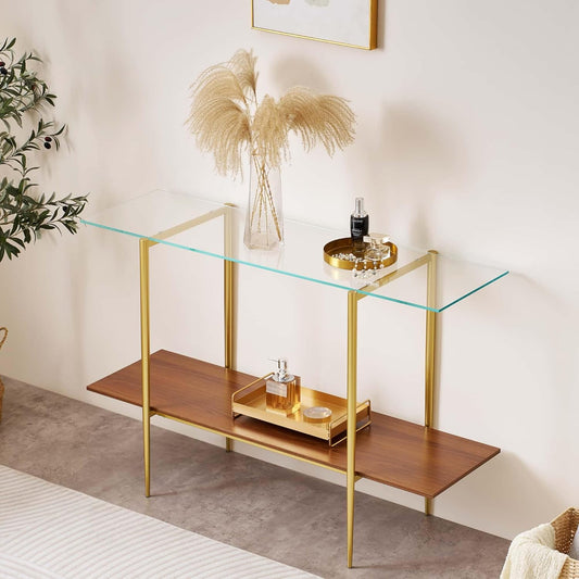 Extra Large Glass Console Table for Living Room, Foyer & Entrance, L47 x W16 x H31, Mid-Century Modern Sofa Table with Clear Glass Top, Walnut Finish Wood Top and Gold Finish Metal Frame