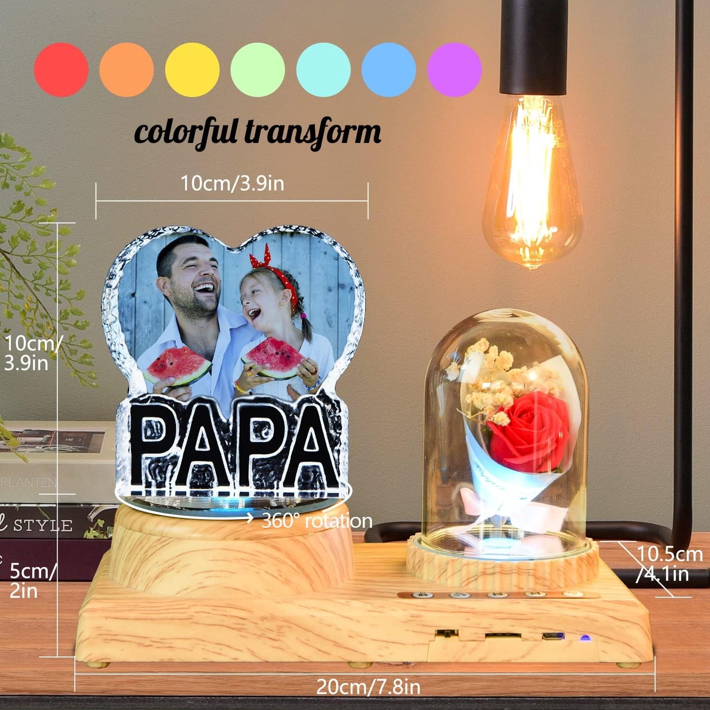 PAPA 3D Crystal Photo - Crystal Picture Hand Cut, Includes Rose Bluetooth Music Box LED Base - Memorable Gift and Keepsake, Daddy Day Gifts for Dad, Husband, Son
