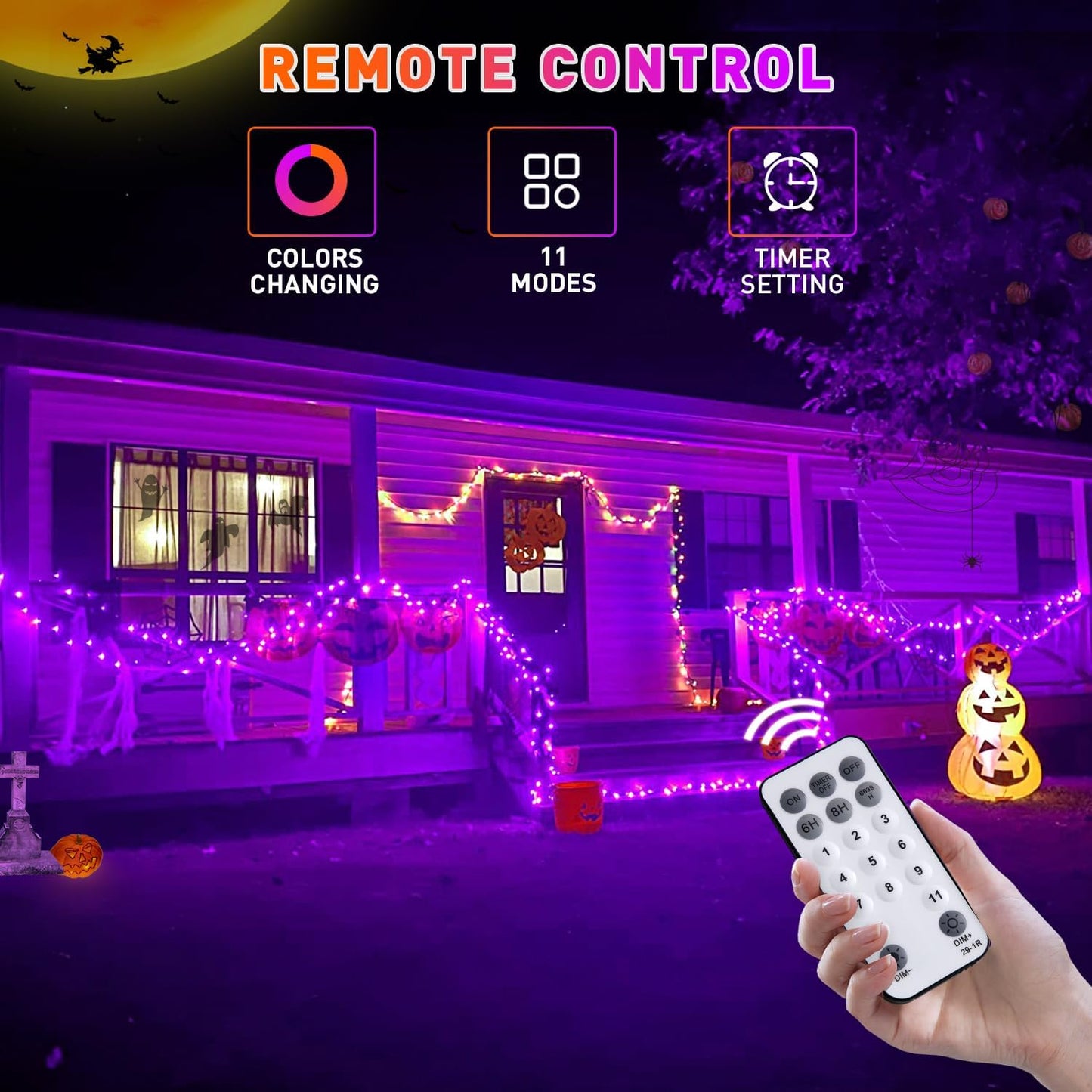 JMEXSUSS 200 LED Orange and Purple Halloween Lights Plug in, 66ft Connectable Color Changing Christmas String Lights with Remote, Outdoor Waterproof Tree Lights for Yard Halloween Decor