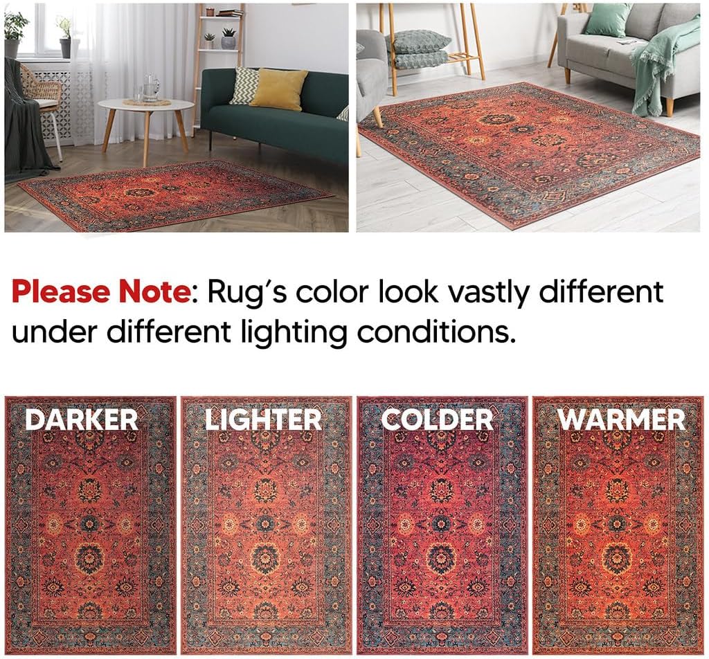 Keen Home Design 8x10 Rug - Machine Washable Area Rug with Non-Slip Backing, Ideal for Living Room, Dining Room, Bedroom - Vintage, Easy Clean, Durable, Low Pile Rug - (8' x 10')