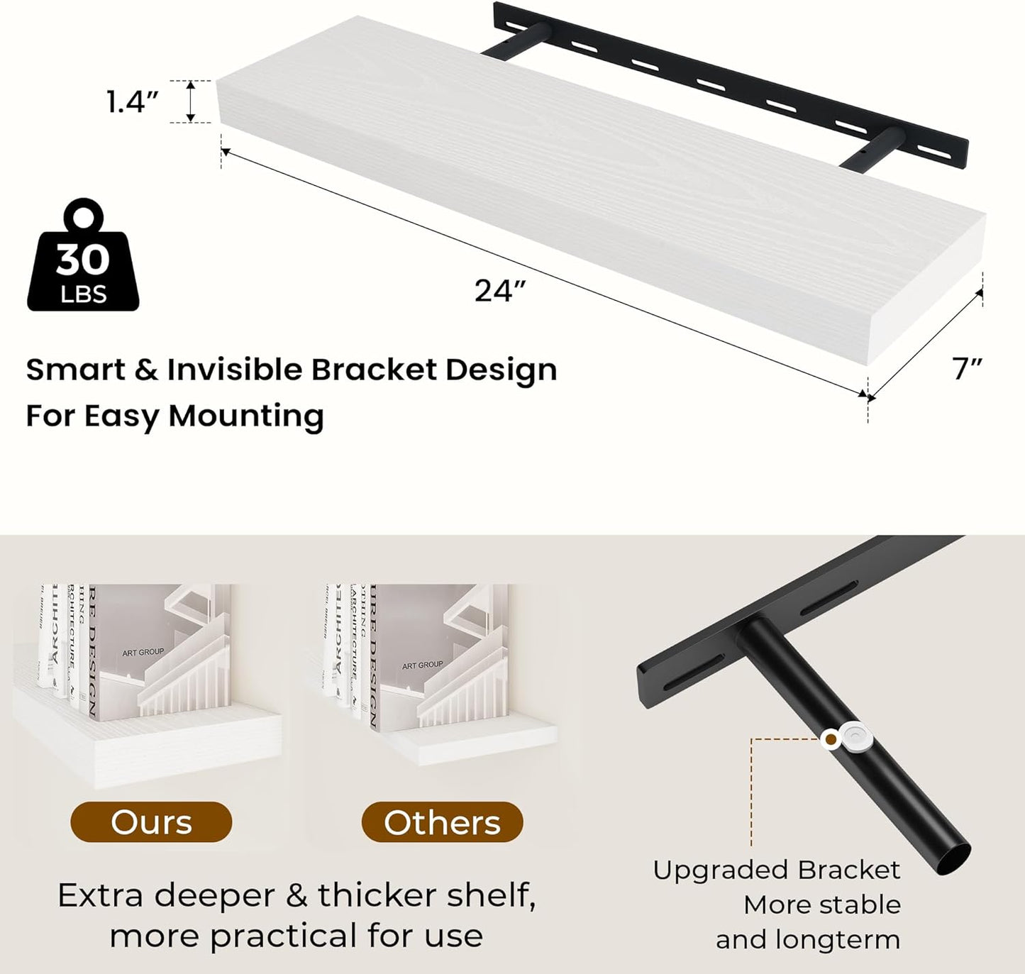 24 inch Floating Shelves Long Floating Shelves for Wall Large Wall Mounted Shelves with Invisible Brackets, White Shelves for Bathroom, Living Room, Kitchen, Office, 24x6.7 inch deep Set of 2