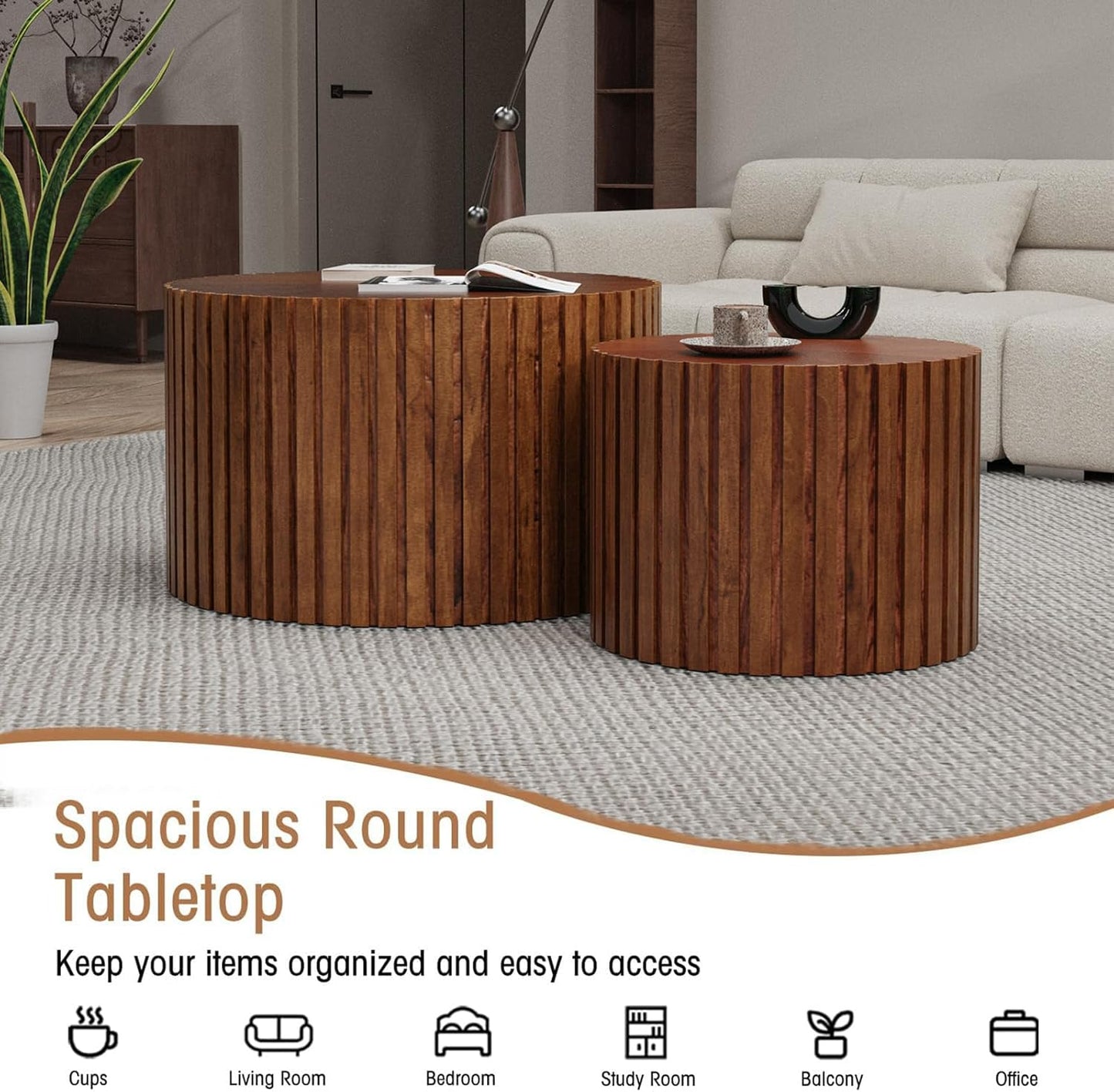 Round Coffee Table Set of 2, Nesting Coffee Table and End Table Set Small Circle Drum Side Table for Living Room Office, No Assembly (C Walnut Large)