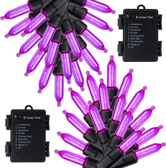 WATERGLIDE 2 Pack 50 LED Outdoor Halloween Lights, 16 FT Mini String Light with 8 Modes, Waterproof Battery Operated Tree Lights for Indoor Outdoor Patio Garden Party Wedding Decoration, Purple