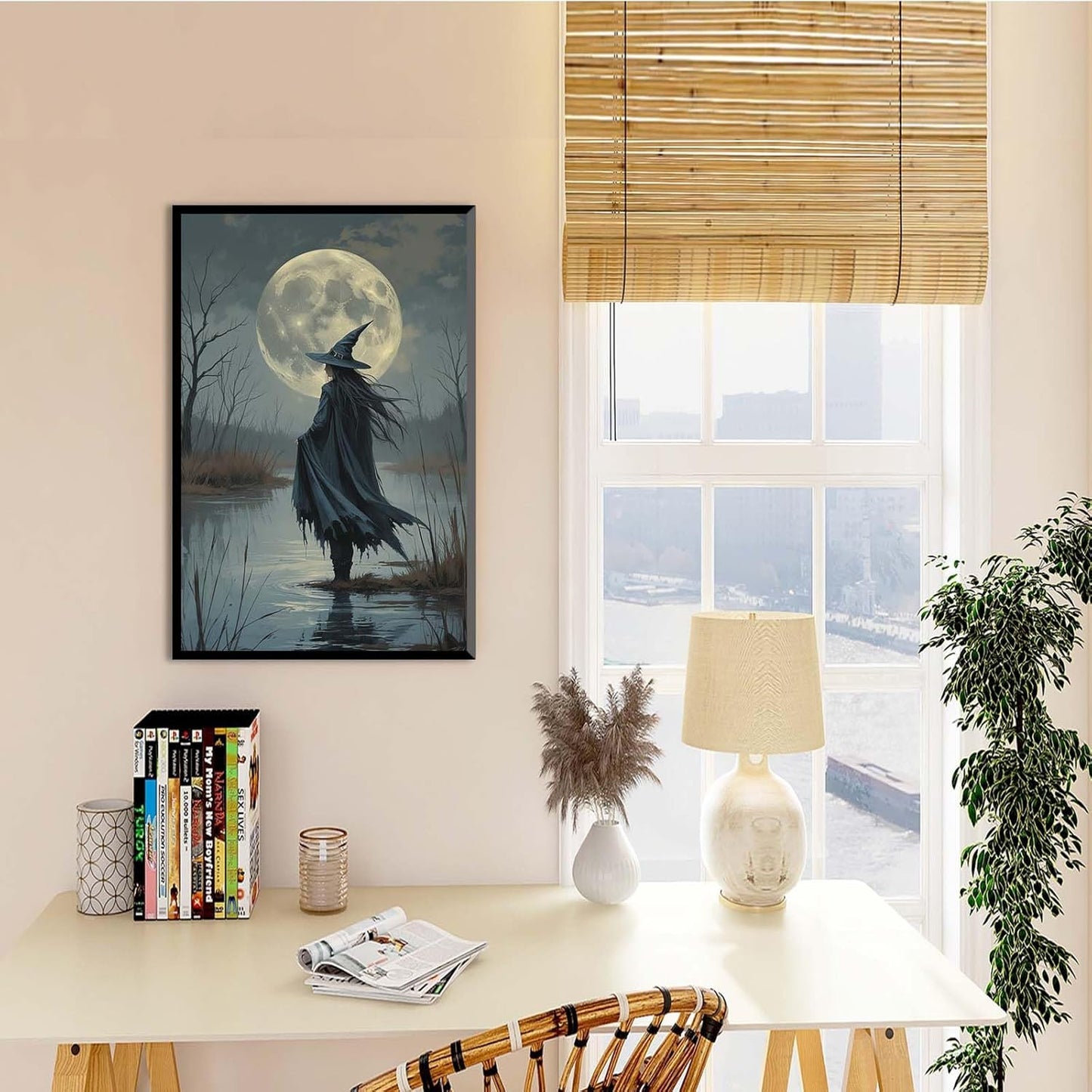 JFHCQJPK Witch in the moonlight magic canvas wall art enchanting Halloween home decor swamp witch silhouette oil painting mysterious gothic aesthetic wall decor print poster12x16in Metal blackFramed