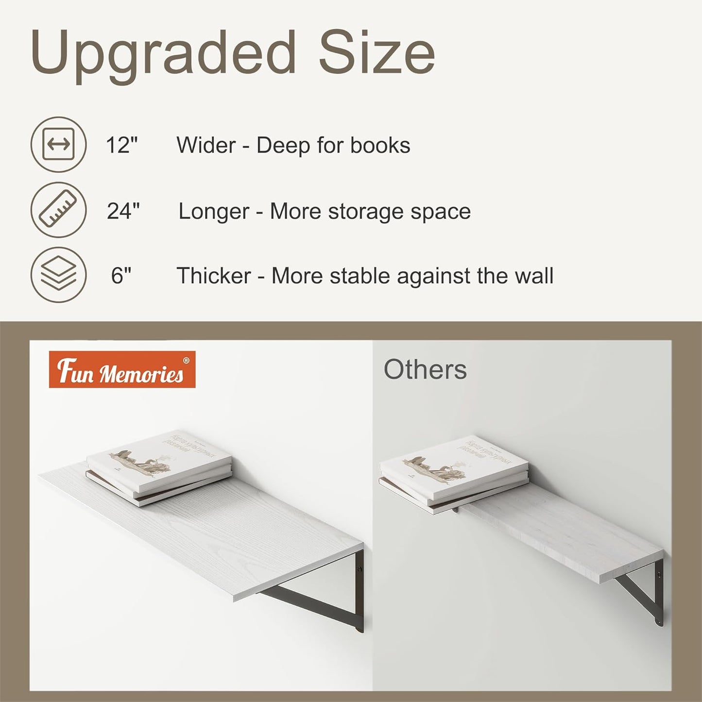 Deep Floating Shelves, 12 Inch Deep Floating Shelves for Wall, 24"W x 12"D Wall Shelves for Books, Rustic White Wooden Shelves, Large Wide Display Shelf for Bathroom, Living Room, Bedroom, Set of 2