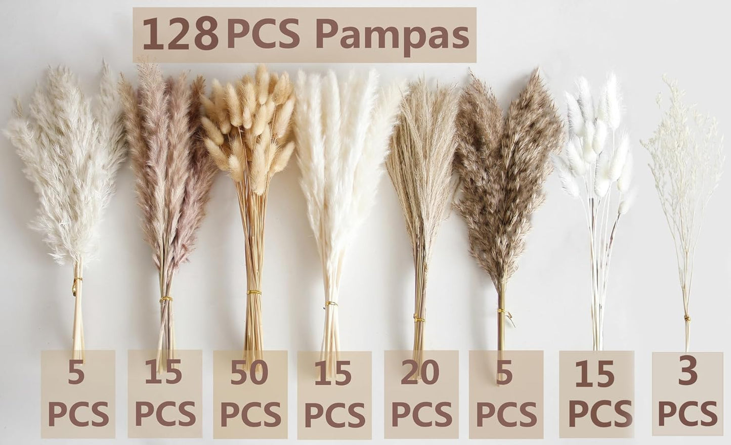 128 PCS Dried Pampas Grass Bouquet, Boho Table Decor, Bunny Tails Dried Flowers, Brown Pampas, White Pampas Grass for Weddings, Home Decor, Rustic Parties, and Baby Shower Decorations