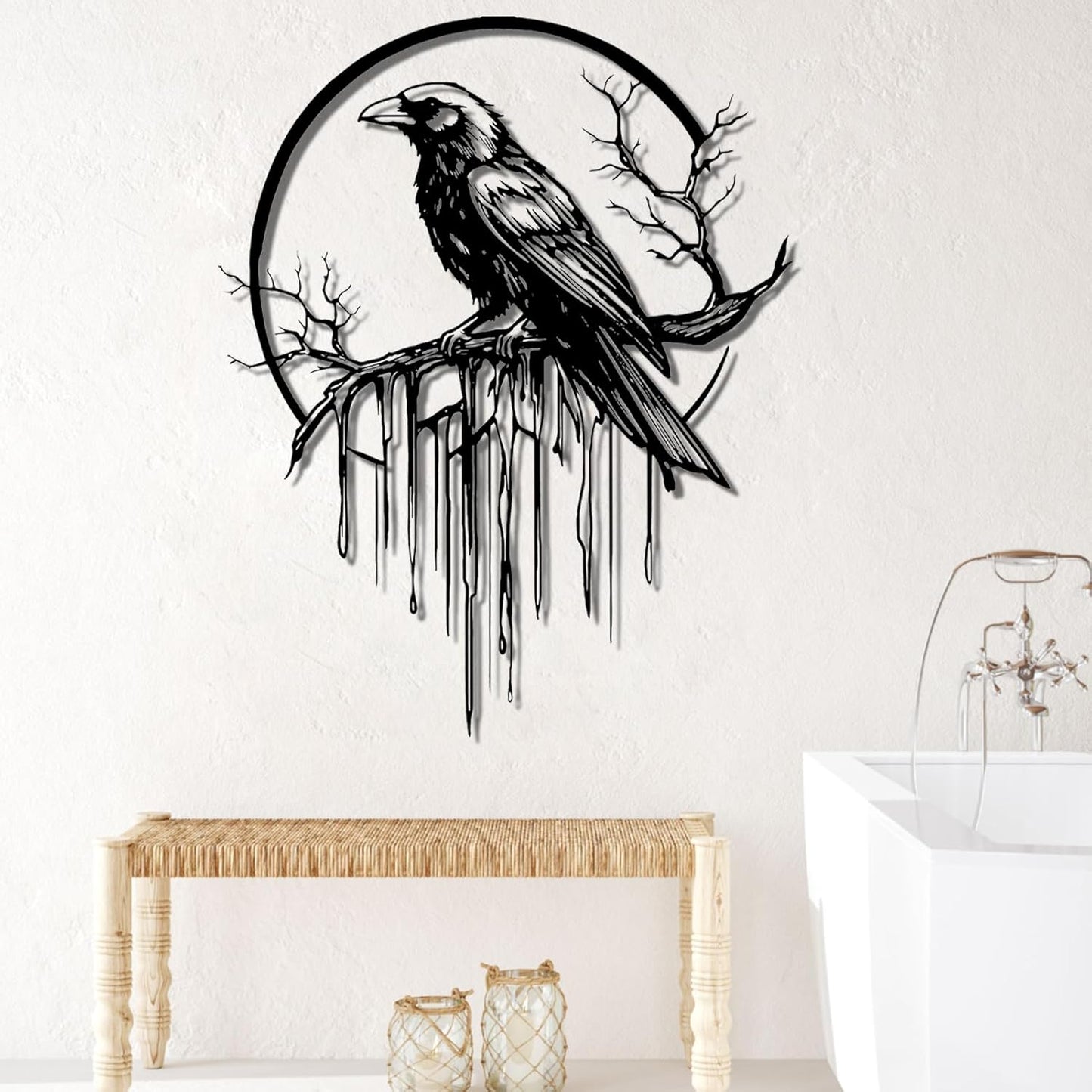 Crow Metal Wall Decor, Raven Wall Art, Large Gothic Raven Decor Hangings, Bird Wall Decor, Metal Tree Branch Decor, Ravens Sign, Raven Art for Living Room (White, 30"x24" |76x61cm, metal wall art)