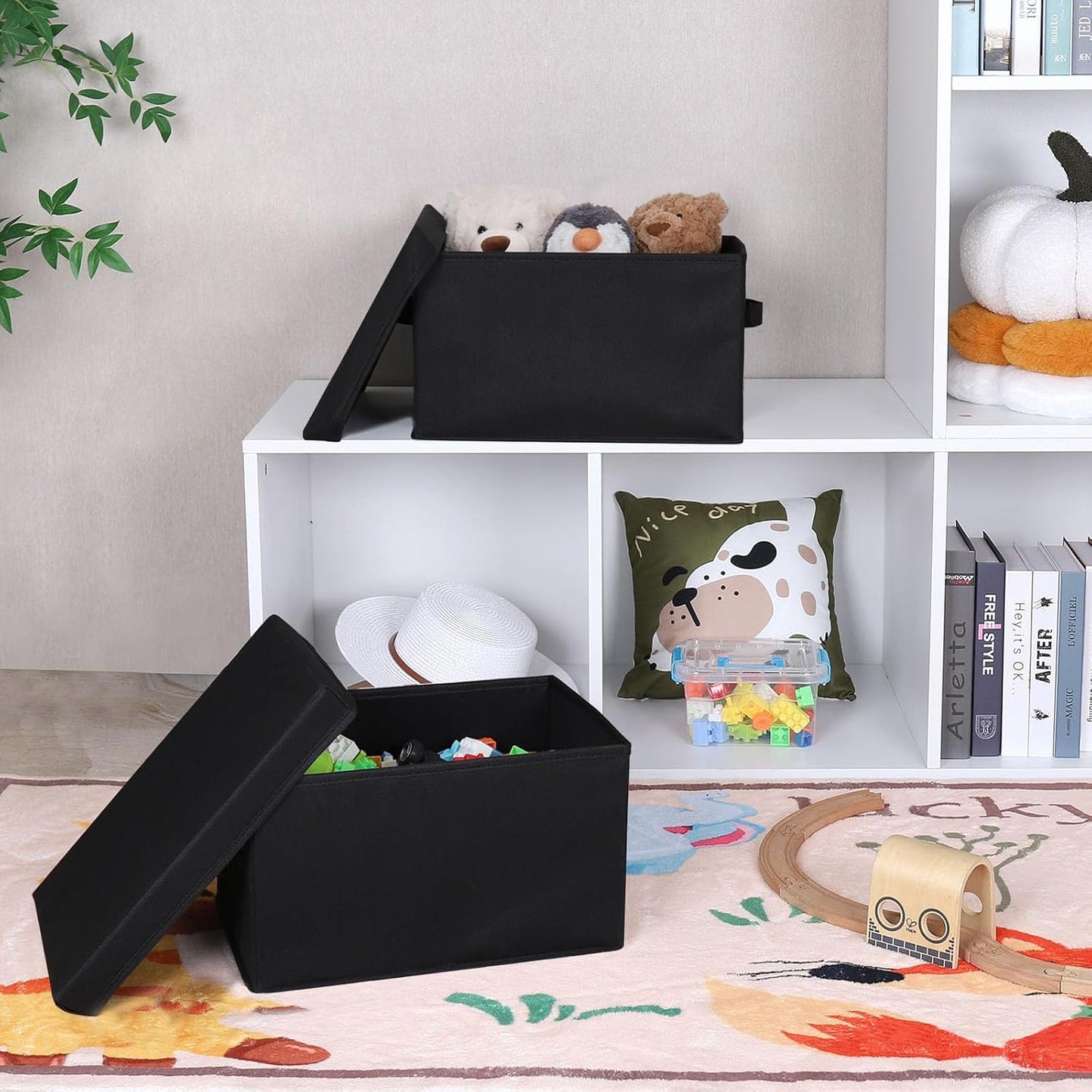 WUIKE 3 Pack Large Fabric Storage Bins with Lids, Decorative Storage Boxes with Handles, Storage Baskets for Shelves, Foldable Storage Containers, Closet Organizers for Towels, Clothes, Black