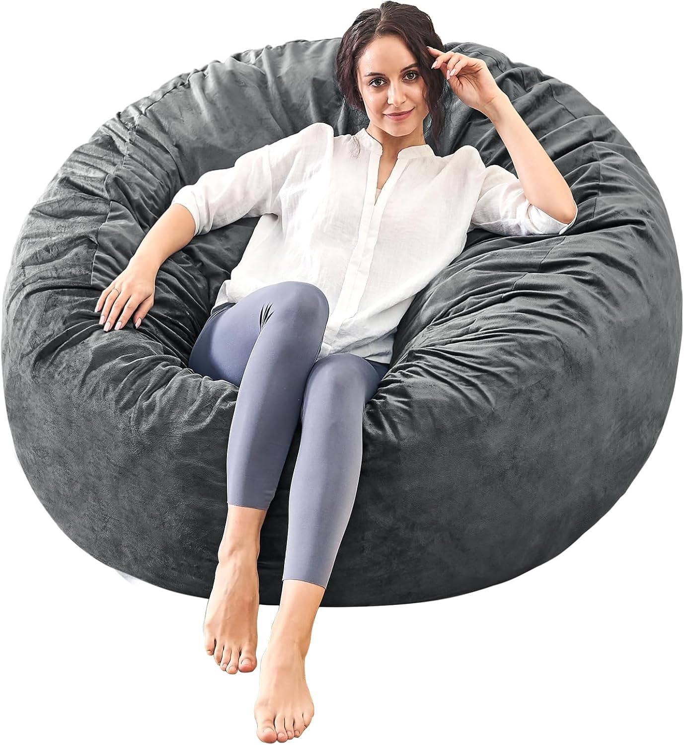 Bean Bag Chairs for Adults - Memory Foam Furniture BeanBag Chair - Kids/Teens Sofa with Soft Micro Fiber Cover - Round Fluffy Couch for Living Room Bedroom College Dorm - 4.5 ft, Gray Stripe