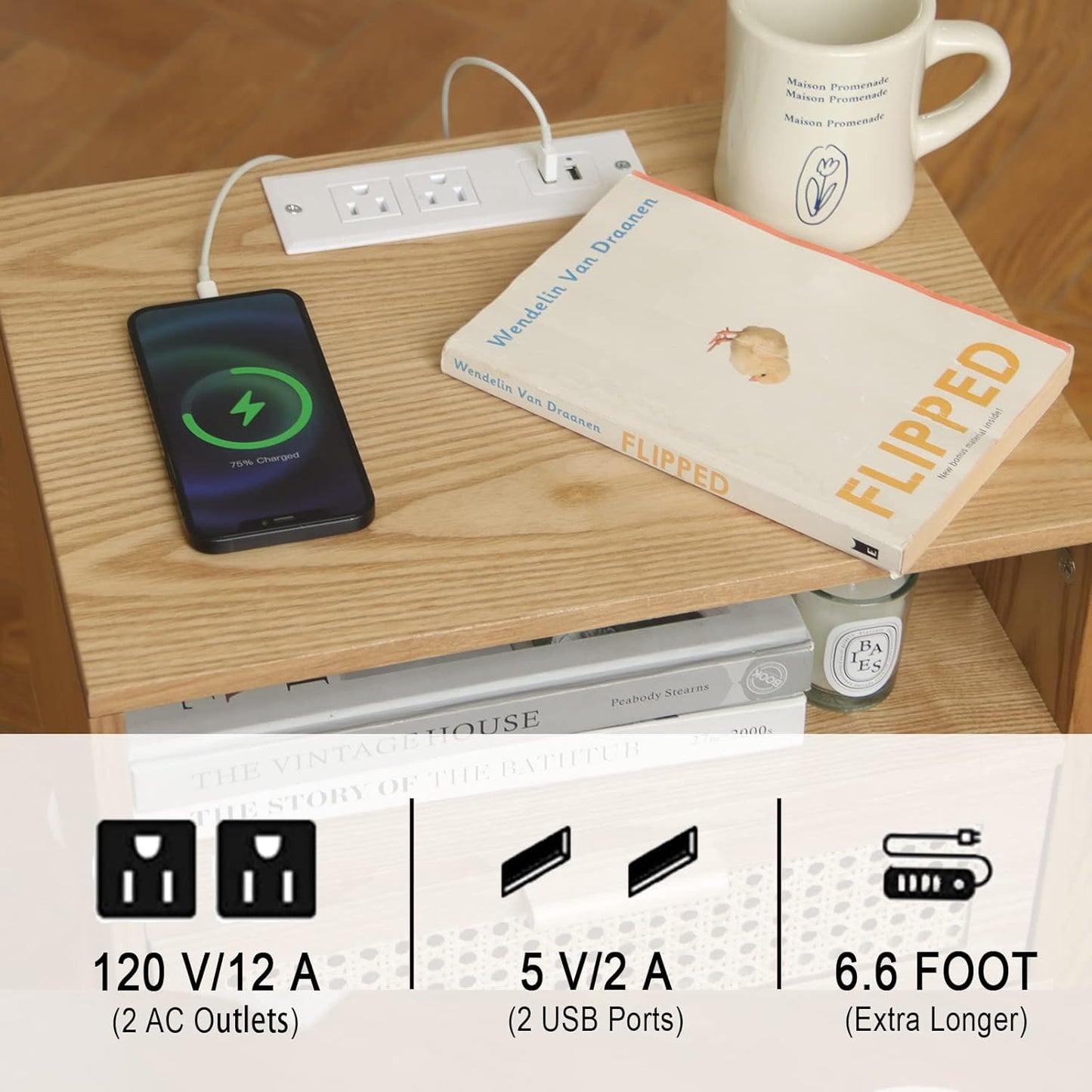 MaxSmeo Bedside Table, Small Nightstand with Charging Station, Rattan Side Table Wood End Table for Living Room, Bedroom and Small Spaces, Mid Century Modern Nightstand, Easy Assembly (Natural)