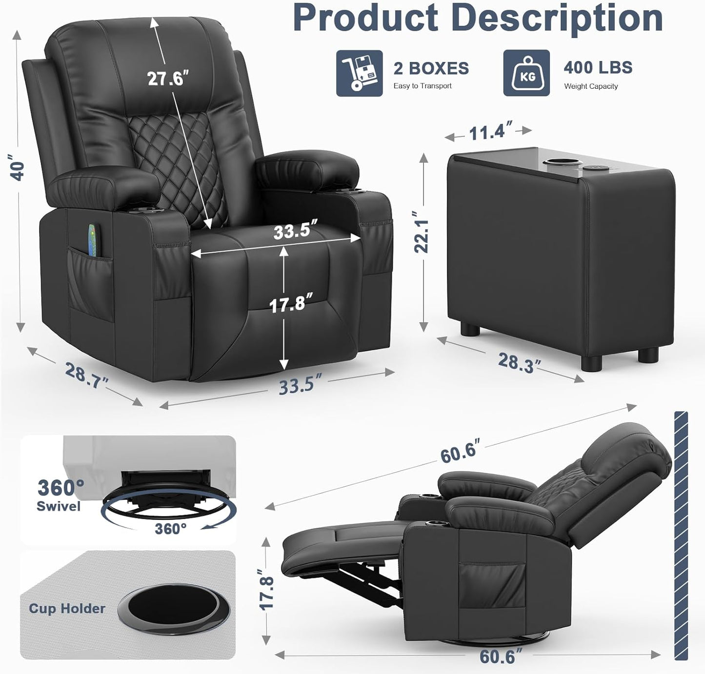 Recliner Chairs with Recliner Side Table End Table for Adults, Massage Rocker, USB Ports, 360 Degree Swivel Single Sofa Seat Living Room