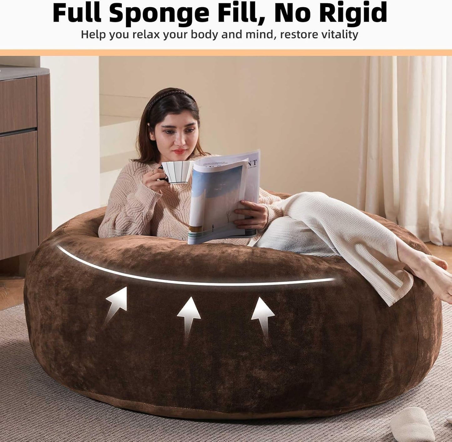 5FT，Big Bean Bag Chairs for Adults，Large beanbag with Filler Included，Memory Foam Material，Easy to Clean and Washable Corduroy Fabric，Suitable for Living Room and Bedroom (Coffee Color, 5 Foot)