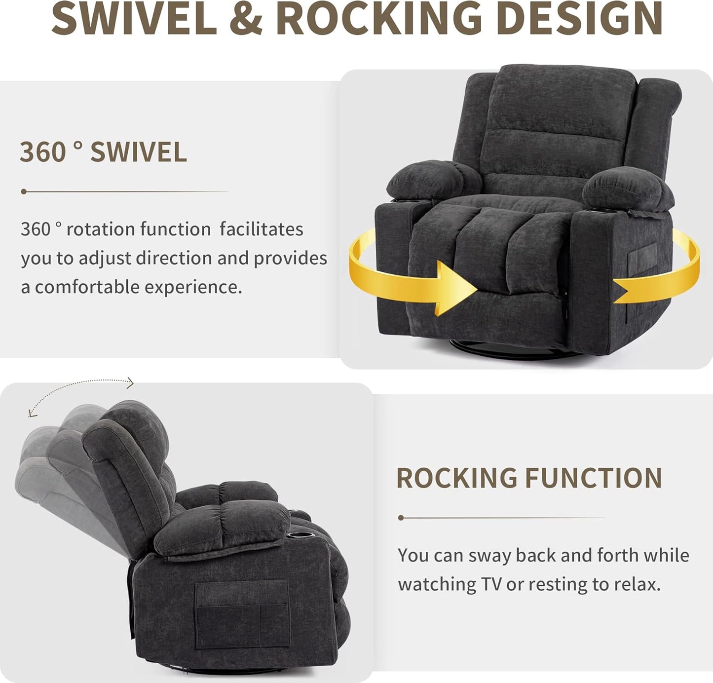 Recliner Chair Rocker Modern Ergonomic Lounge 360 Degree Swivel Single Sofa Seat Living Room Lounge Recliners on Clearance Foam Filling