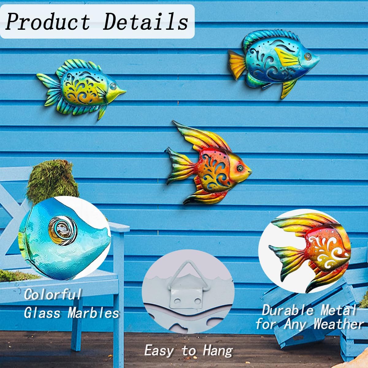 Weibefee Coastal Wall Decor, Ocean Sea Metal Fish Wall Decor, Hanging Wall Art Decoration for Indoor Outdoor, Beach Nautical Tropical Fish Wall Sculpture for Pool Bathroom Bedroom Patio