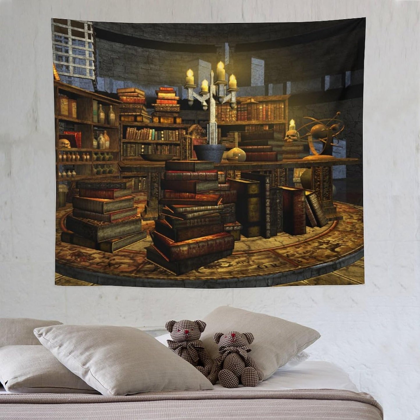 Kurtect Library Tapestry,Vintage Medieval Bookshelf Wooden Bookcase Antique Magic Art Tapestries for Party Beach Picnic Blankets Tablecloths Living Room Wall Deocr, 50x60 in