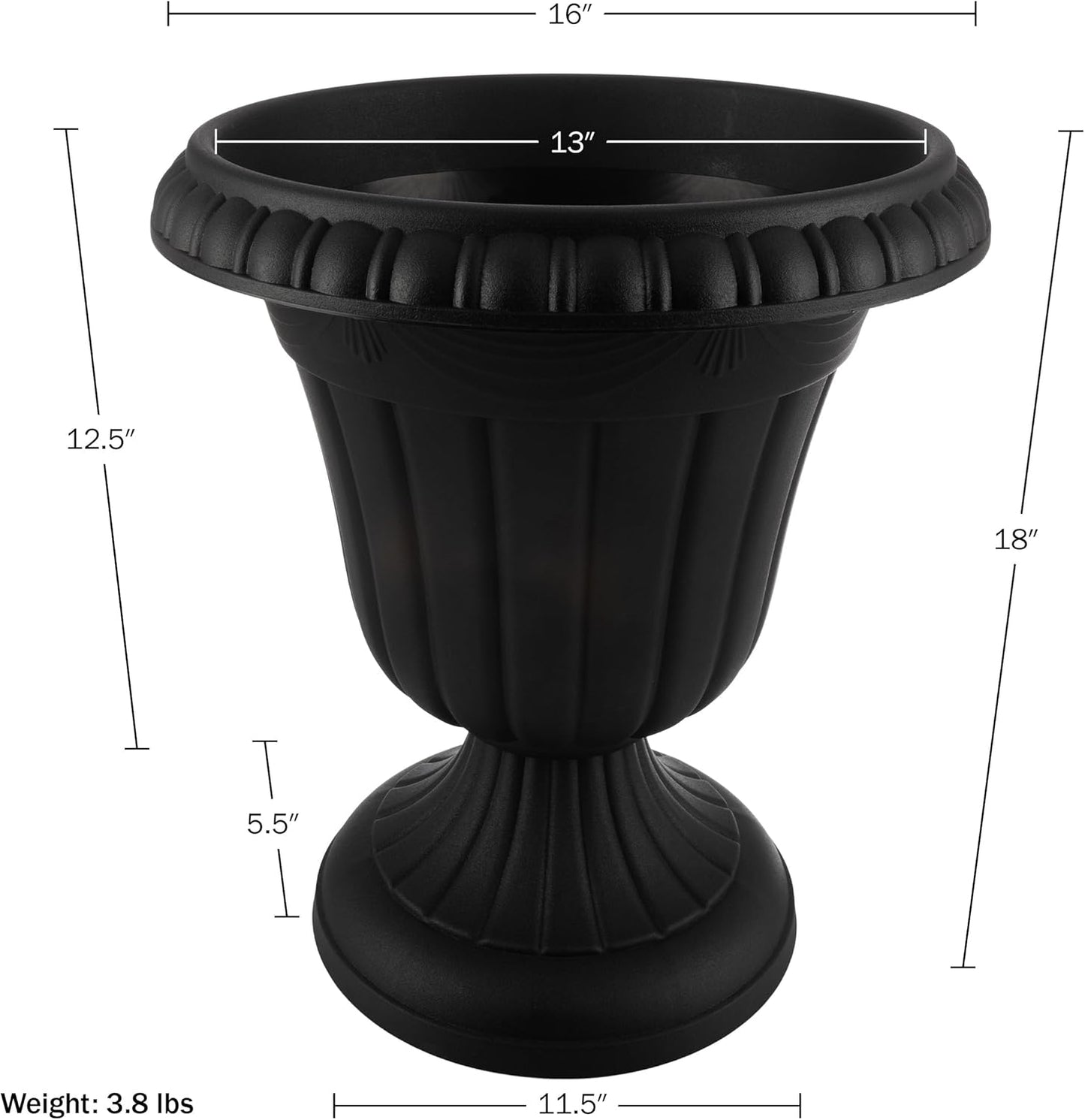Pure Garden Outdoor Planter 2-Pack - 16x18-Inch Urn Planters - Plastic Plant Pots for Indoor, Outdoor, or Front Porch Decor - Flower Pots (Black)