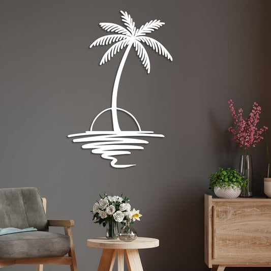 Metal Palm Tree with Sunset Wall Art, Large Outdoor Wall Decor, Tropical Beach Coastal Decor for Living Room, Bedroom, Garden Home Wall Sign, Perfect Metal Wall Art for Beach House, Coastal Theme, and Home Decoration (White, 24 x 19 inches)