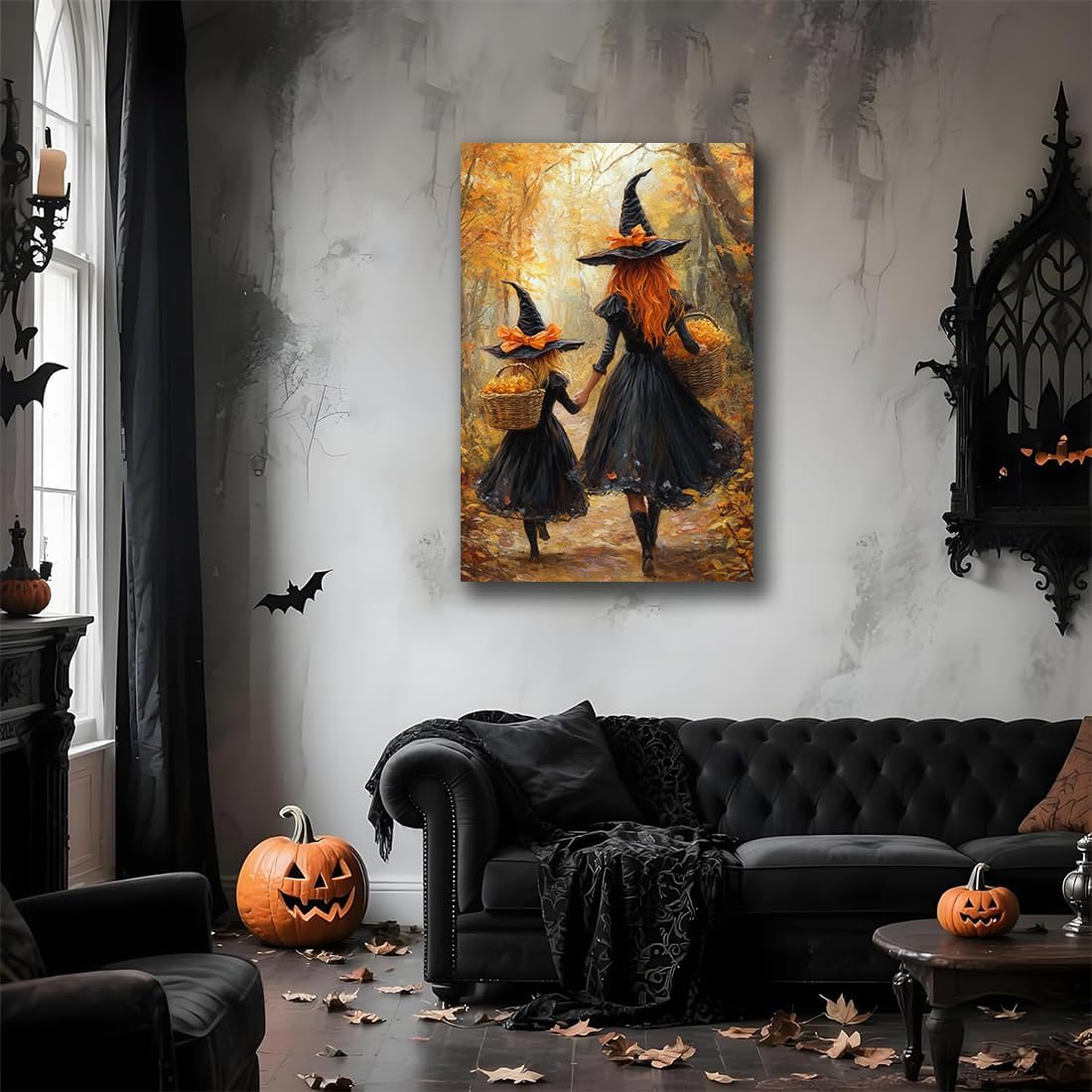 Mother Witch And Child Daughter Witch Wall Art,Halloween Autumn Woodland Forest Path Picture,Family Room Nursery Playroom Kids Room Decor,16"x24" Unframed