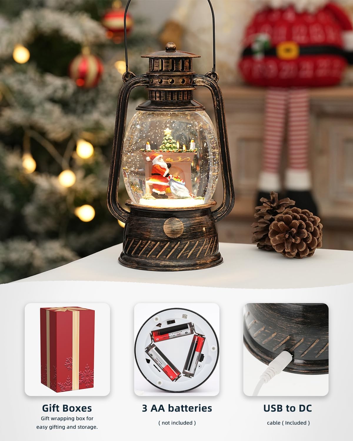 Snow Globe Christmas Decorations Indoor,Christmas Snow Globe Swirling Glittering Santa Scene, USB Lined/Battery Operated Lighted Snow Globe for Christmas Festival Decoration Gifts