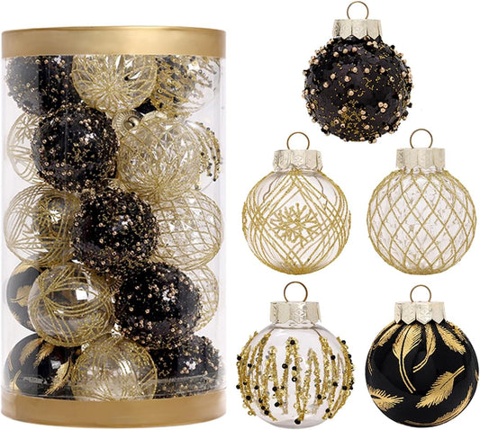 25PCS Christmas Ornaments Set, 2.36"/6CM Clear Plastic Shatterproof Christmas Ball Hanging Ornaments for Xmas Tree Decorations, for Indoor Home Party Holiday Decor - Black/Gold.