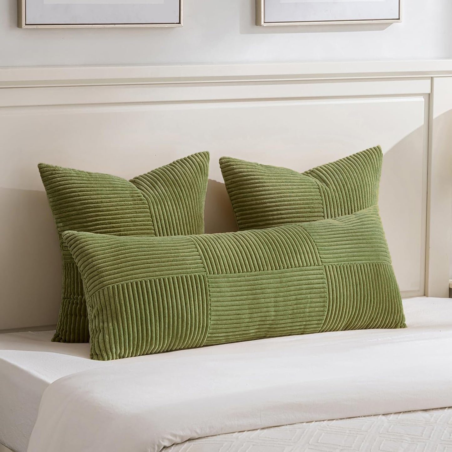 Fancy Homi 2 Packs Moss Green Big Decorative Throw Pillow Covers 24x24 Inch for Couch Bed Sofa, Rustic Farmhouse Boho Home Decor, Soft Corss Corduroy Patchwork Accent Square Cushion Case 60x60 cm