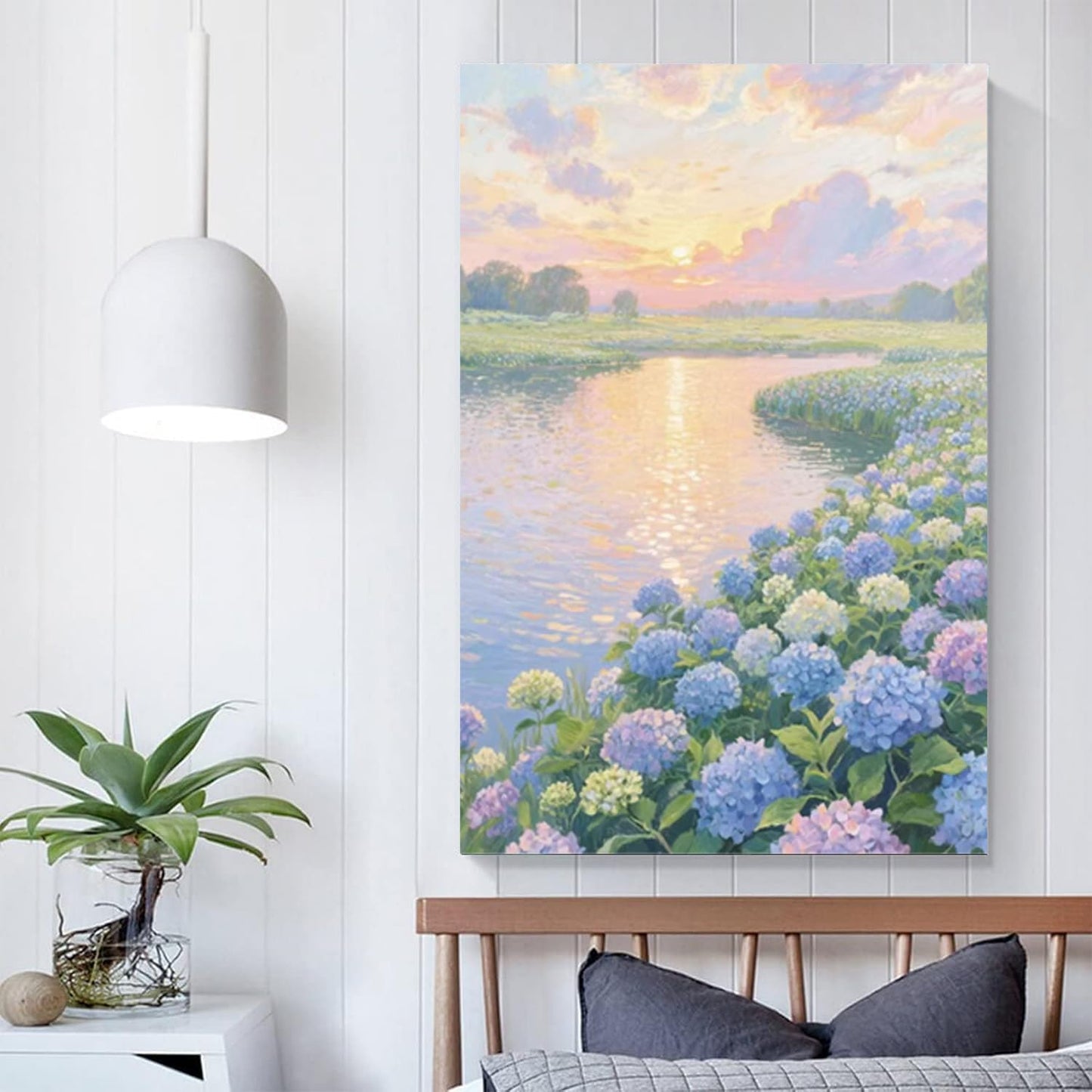 The hydrangea scenery all over the lake at sunset is suitable for posting in the living room bedroom office landscape poster wall painting