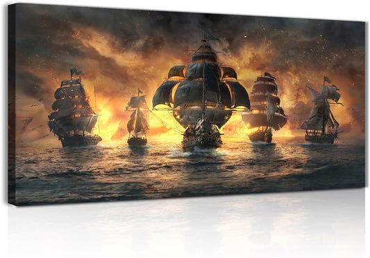 Sorventina Pirate Ship Decorations Art Prints- Pirate Wall Art, Nautical Sailboat Canvas Art Painting for Man Cave, Bar, Conquistador Poster Large Wall Art Pirate Pictures (40x20 Framed)