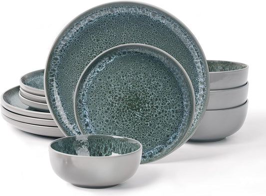 CQN&ZXD Ceramic Plates and Bowls Sets, 12 Pieces, Hand-Crafted Dishes set for 4 with Flowing Reactive-Glaze, Microwave & Dishwasher Safe Dinnerware Sets, Modern Style, Elegant Grey & Wave Blue