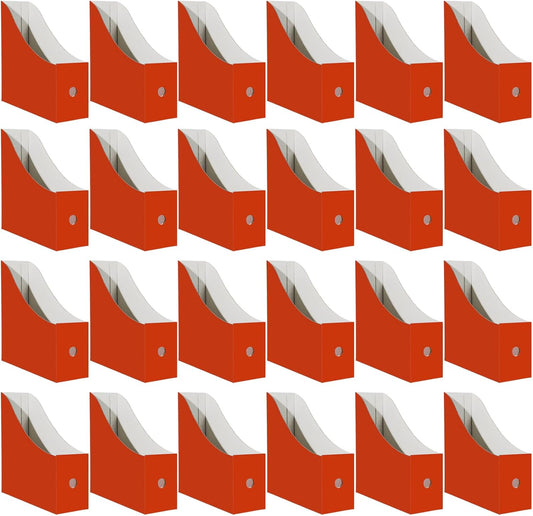 Cardboard Magazine Holder (24 Pack), Sturdy Book Bins for Classroom, Vertical File Folder Organizer, 10.6'' 10.2'' 3.5'' Inch Magazine Rack (Orange-Red, 24 Pack)