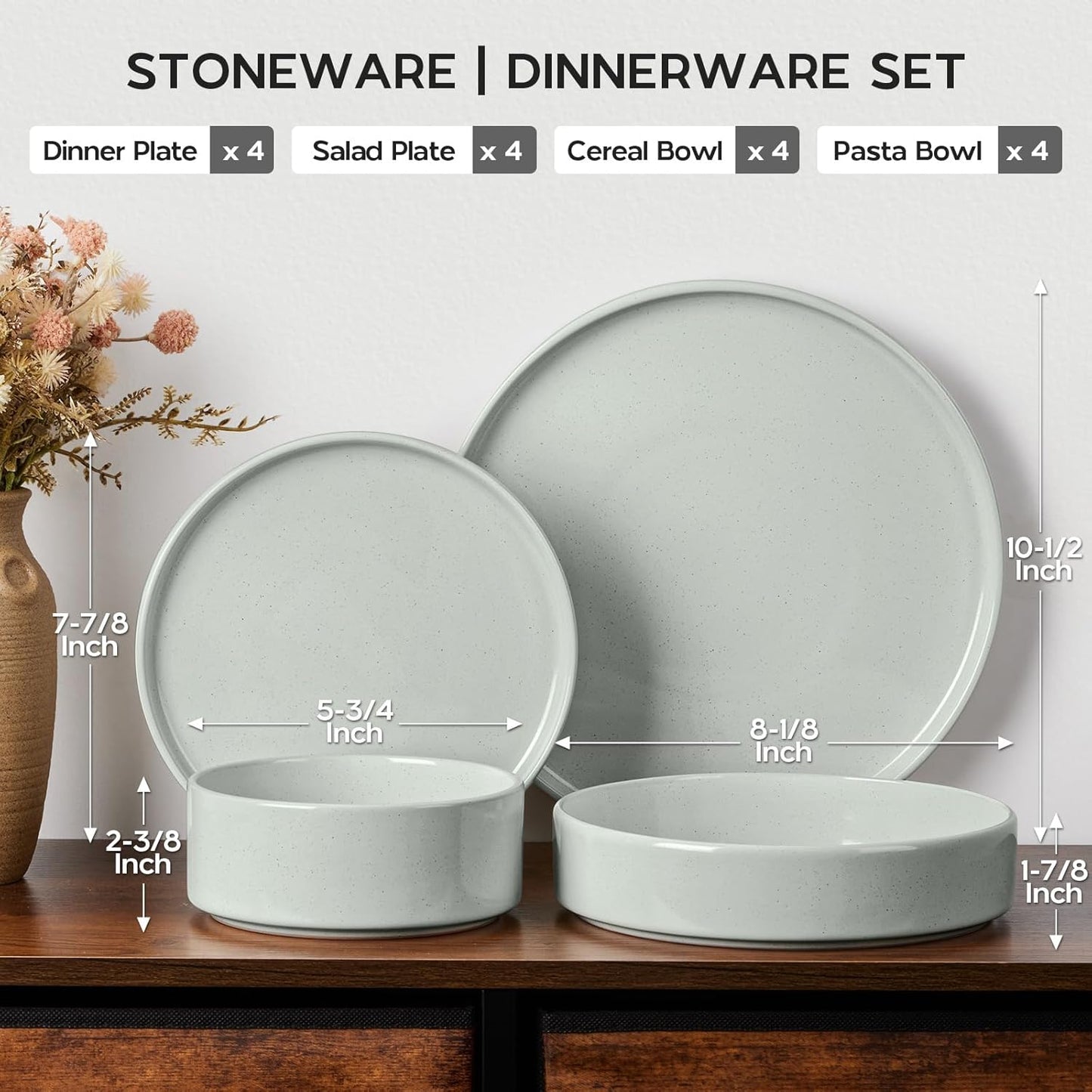 Onader Speckled Dinnerware Set for 4 with Pasta Bowl, 16 Piece Stoneware Plates and Bowls Dishes Set, Microwave & Dishwasher Safe – Pale Sage Green