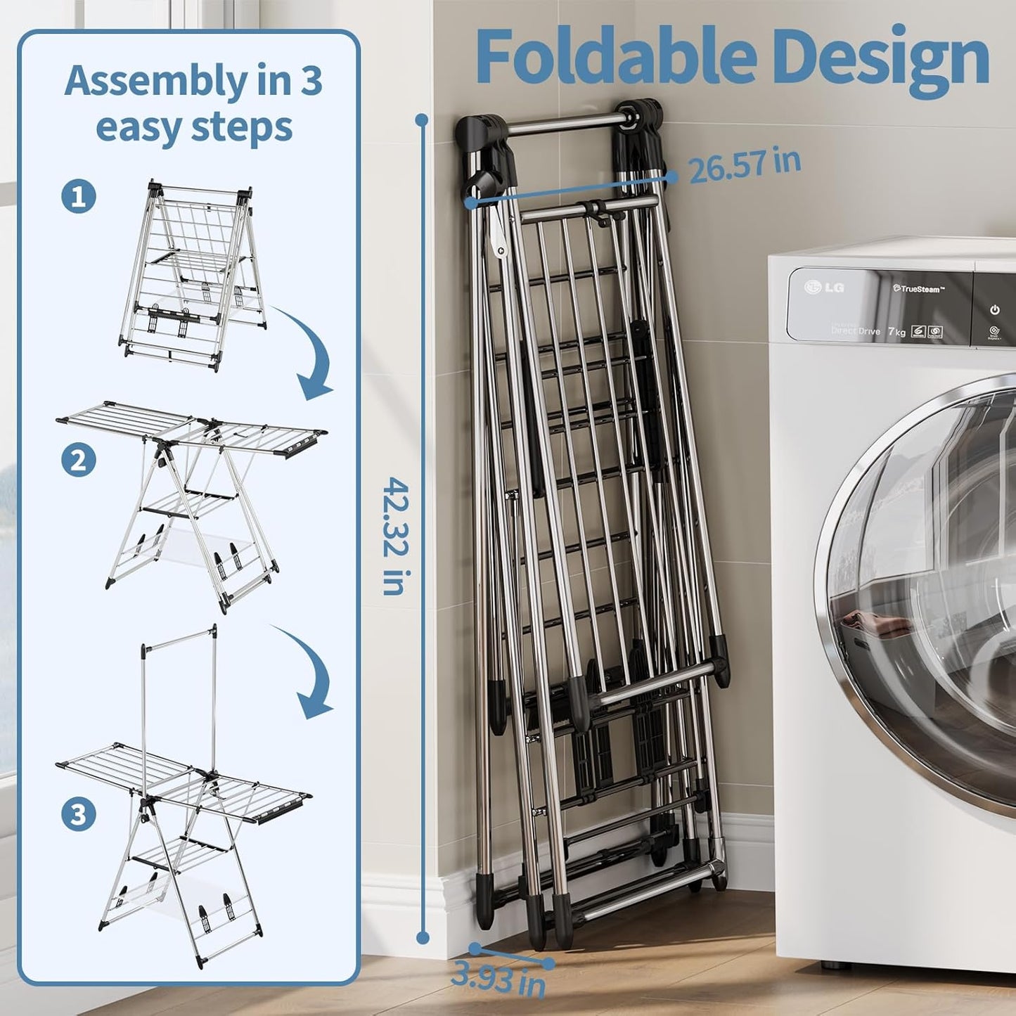 APEXCHASER Clothes Drying Rack with High Hanger, Foldable 3-Level Drying Racks with Shoe Rack, Crossbar and Vertical Rod Laundry Stand with Adjustable Wings Silver