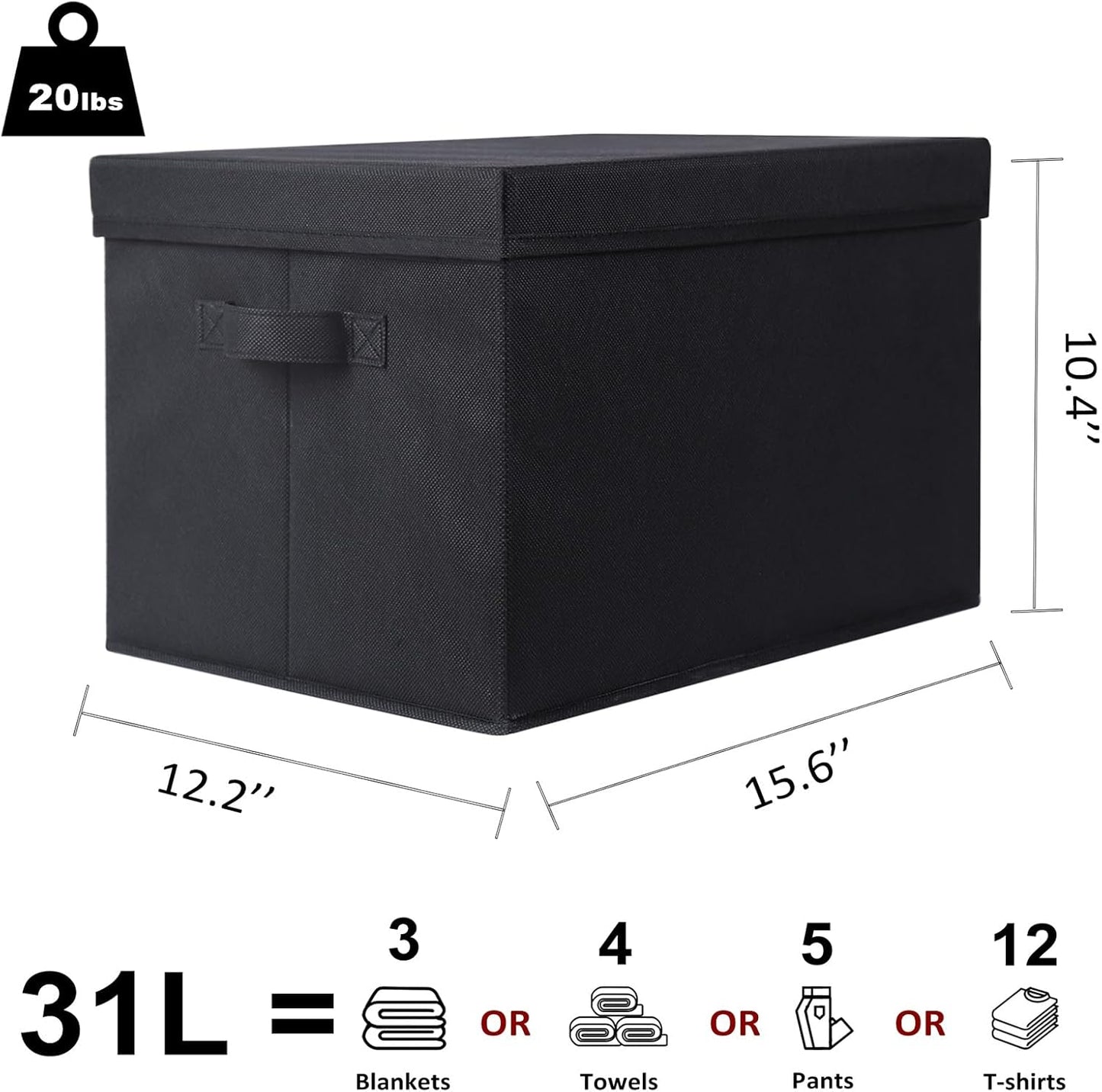 WUIKE Closet Storage Bins with Lids, Foldable Fabric Clothes Storage Bins for Organizing, Closet Organizer Boxes for Shelves, Black, Extra Large, 3-Pack