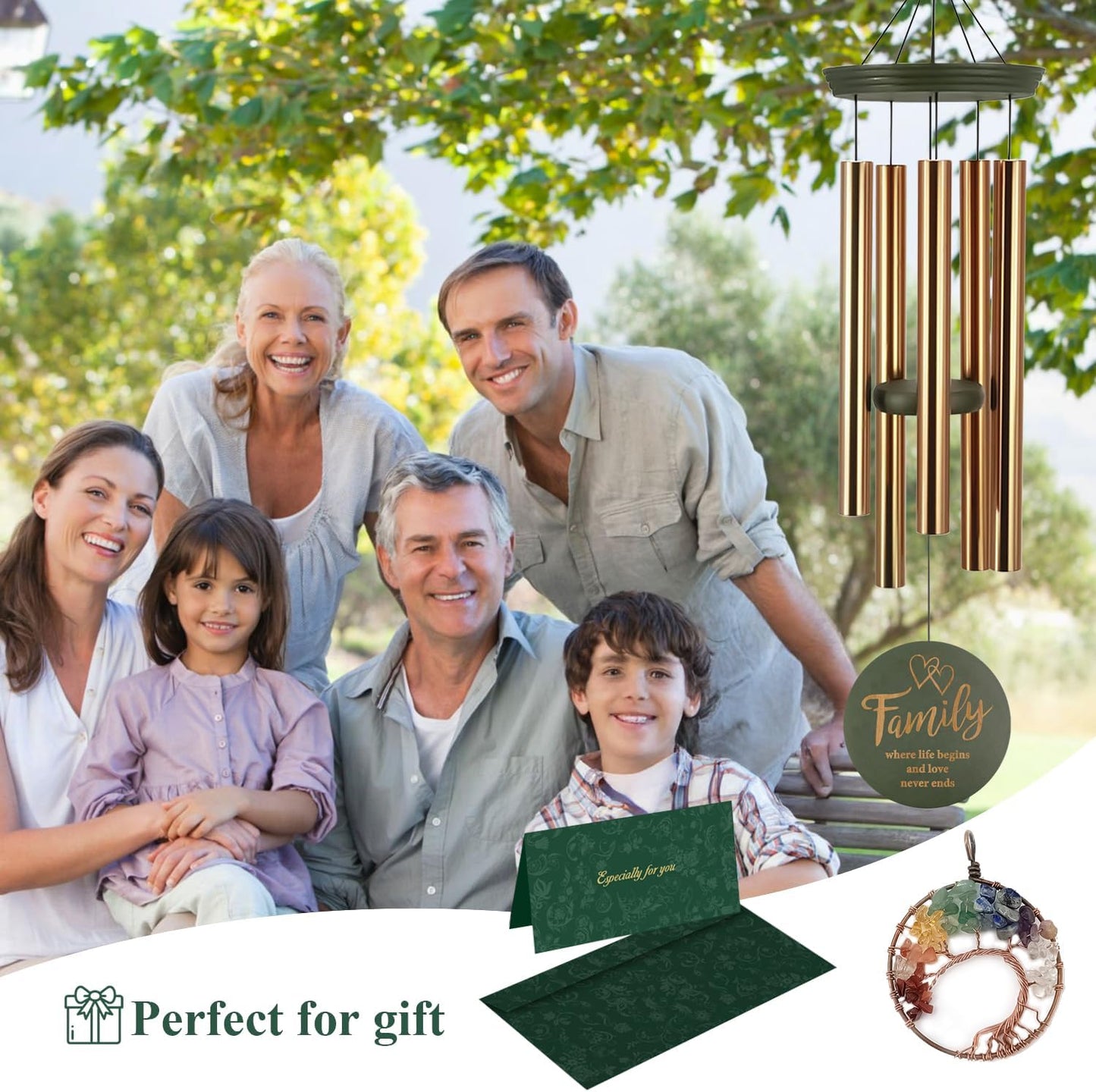 Wind Chimes for Outside, Large Outdoor Windchimes with Engraved Tree of Life, Premium Tuned Metal Chimes for Mother/Grandma, Home & Garden Decor with Soothing Tone